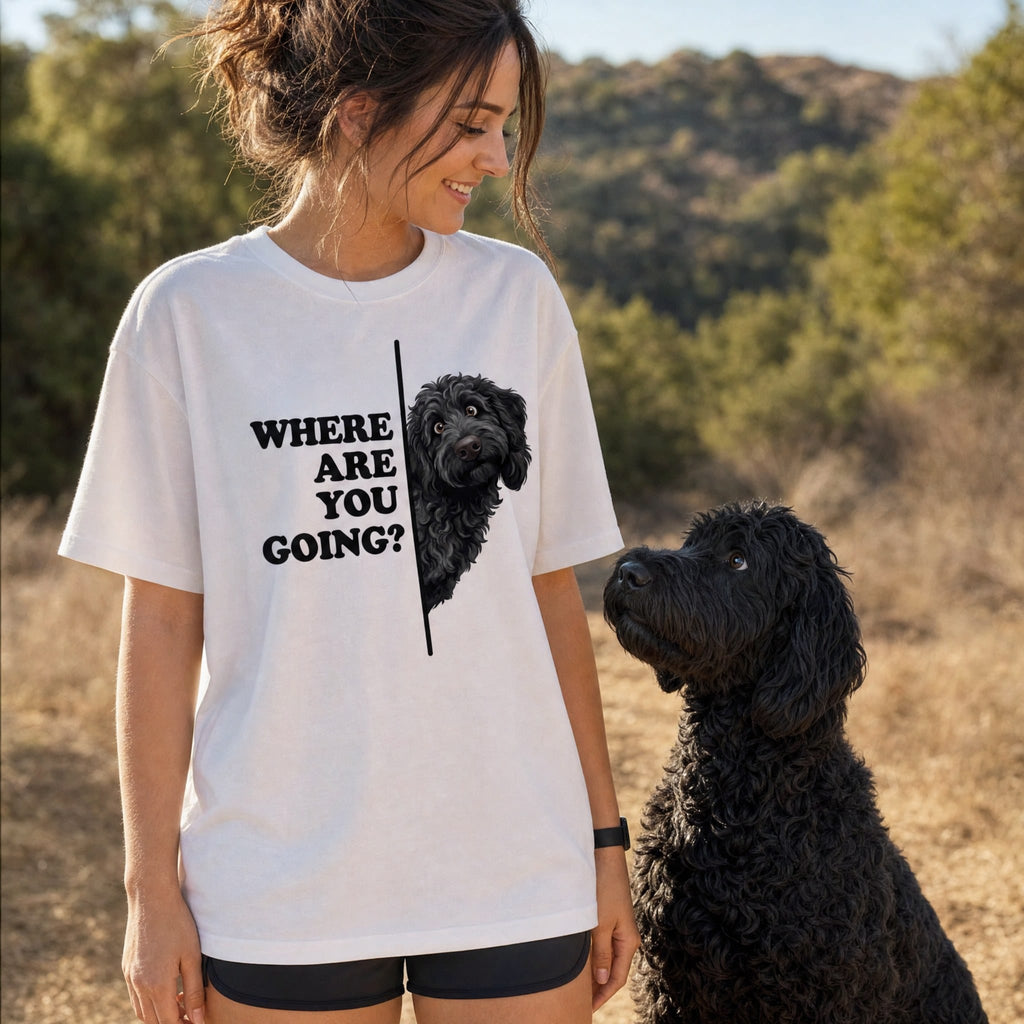 Where Going Black Goldendoodle T-Shirt in by Puppy Jo