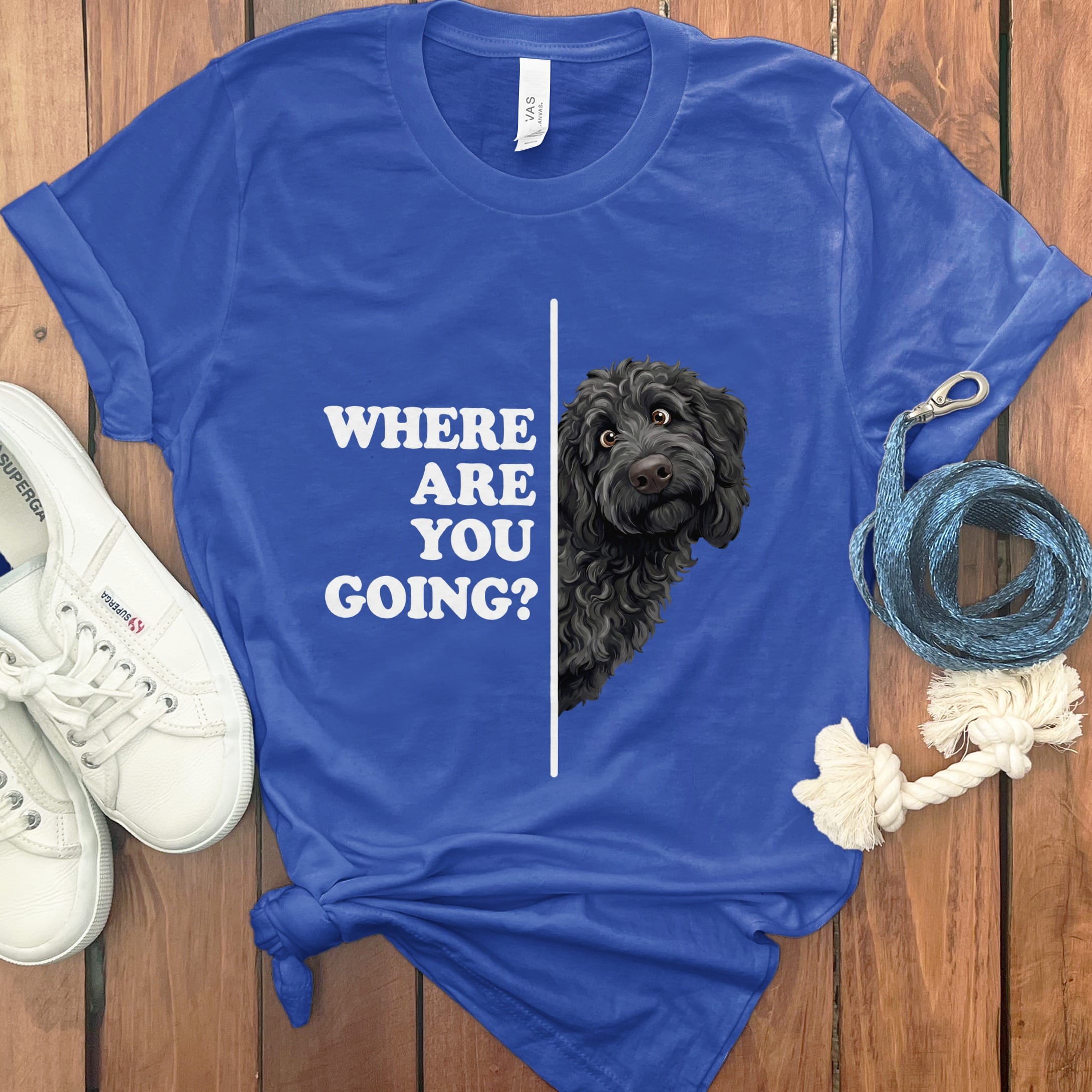Where Going Black Goldendoodle T-Shirt in True Royal / M by Puppy Jo