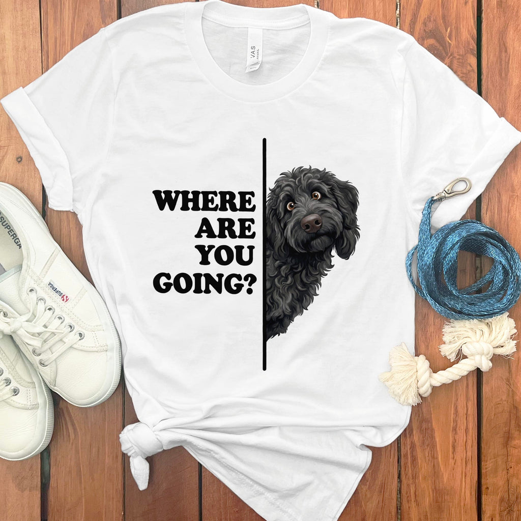Where Going Black Goldendoodle T-Shirt in White / M by Puppy Jo