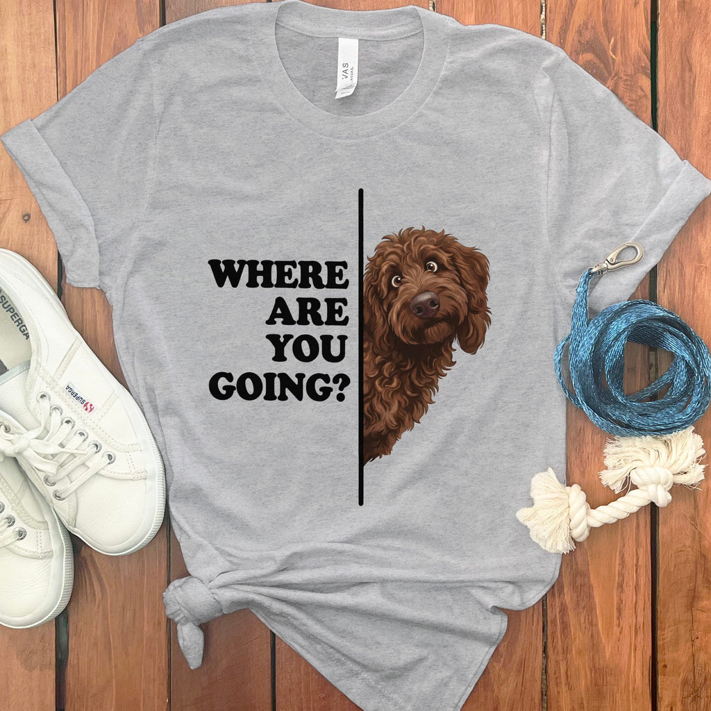 Where Going Chocolate Goldendoodle T-Shirt in Athletic Heather / M by Puppy Jo