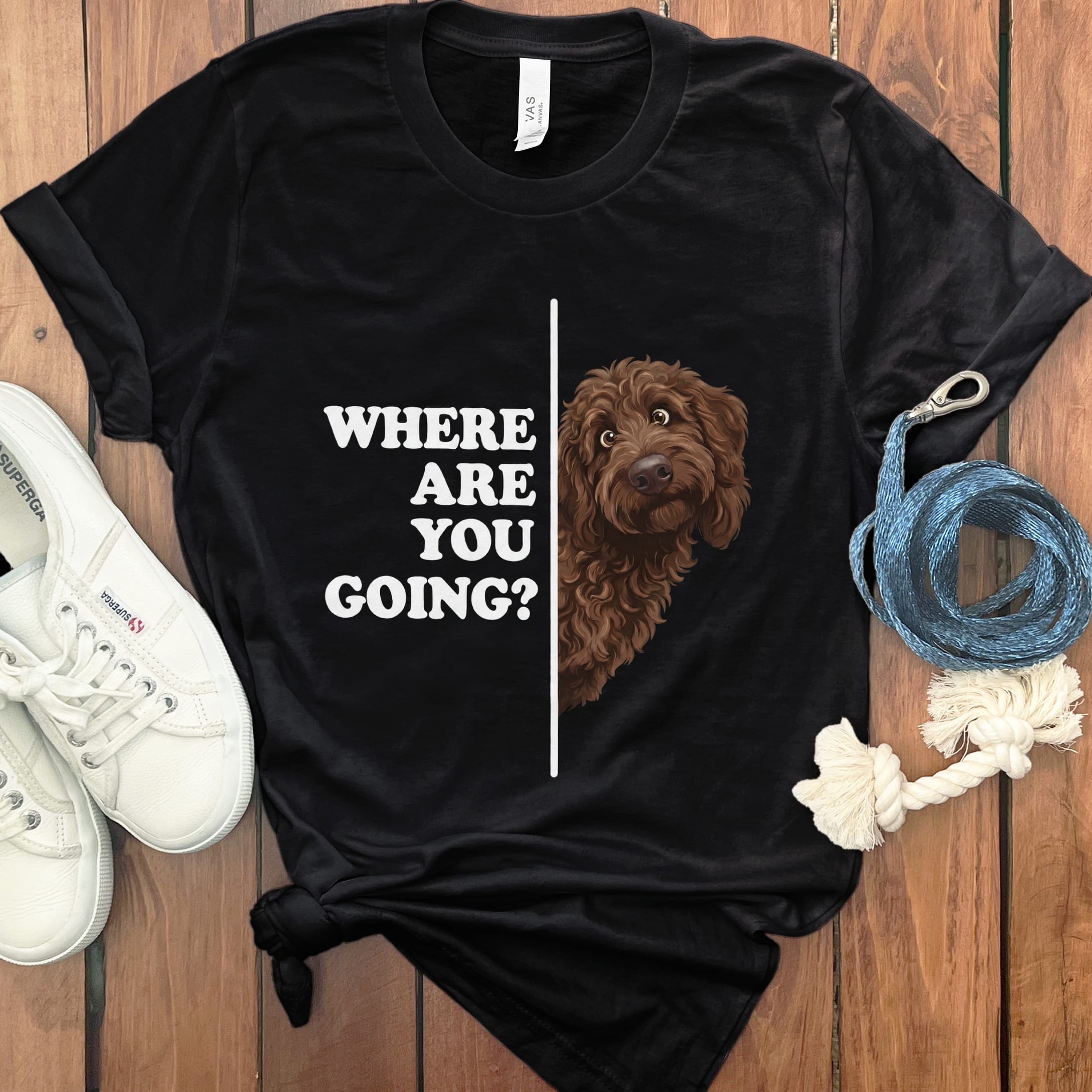 Where Going Chocolate Goldendoodle T-Shirt in Black / M by Puppy Jo