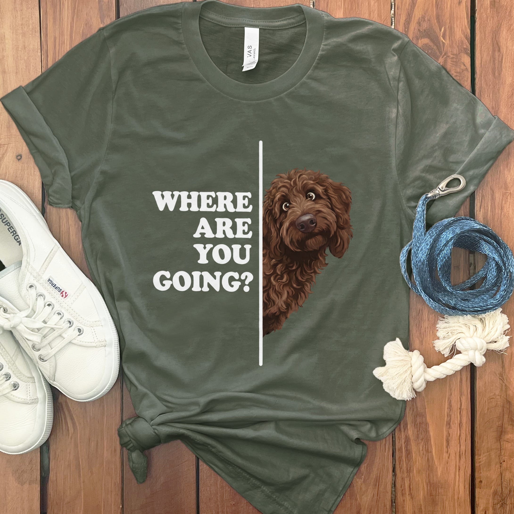 Where Going Chocolate Goldendoodle T-Shirt in Military Green / M by Puppy Jo