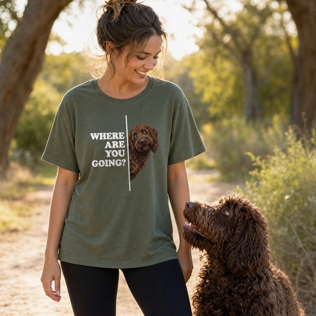 Where Going Chocolate Goldendoodle T-Shirt in by Puppy Jo