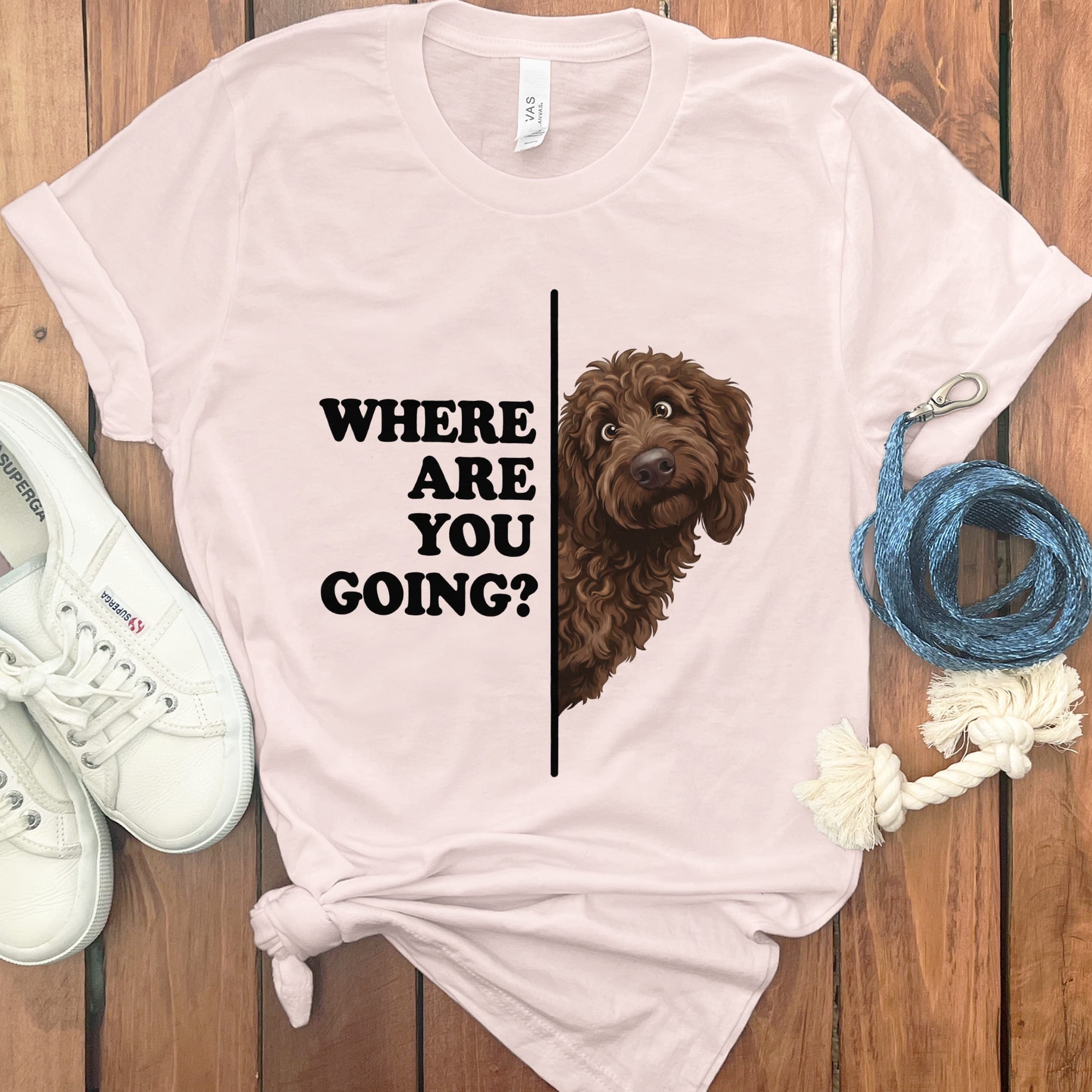Where Going Chocolate Goldendoodle T-Shirt in Soft Pink / M by Puppy Jo