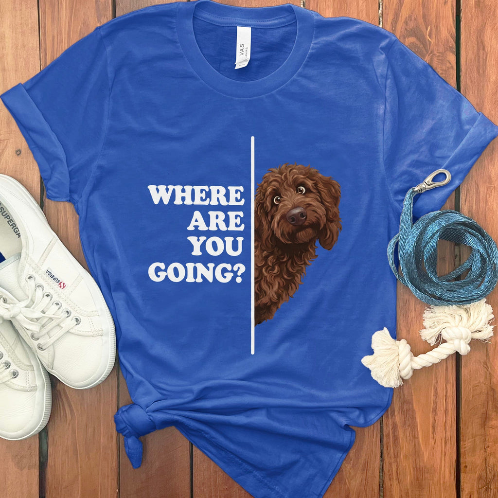 Where Going Chocolate Goldendoodle T-Shirt in True Royal / M by Puppy Jo