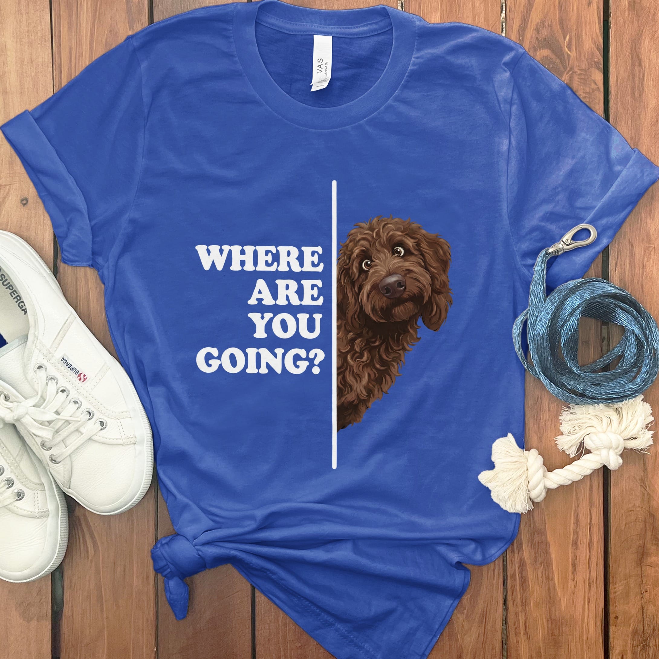 Where Going Chocolate Goldendoodle T-Shirt in True Royal / M by Puppy Jo