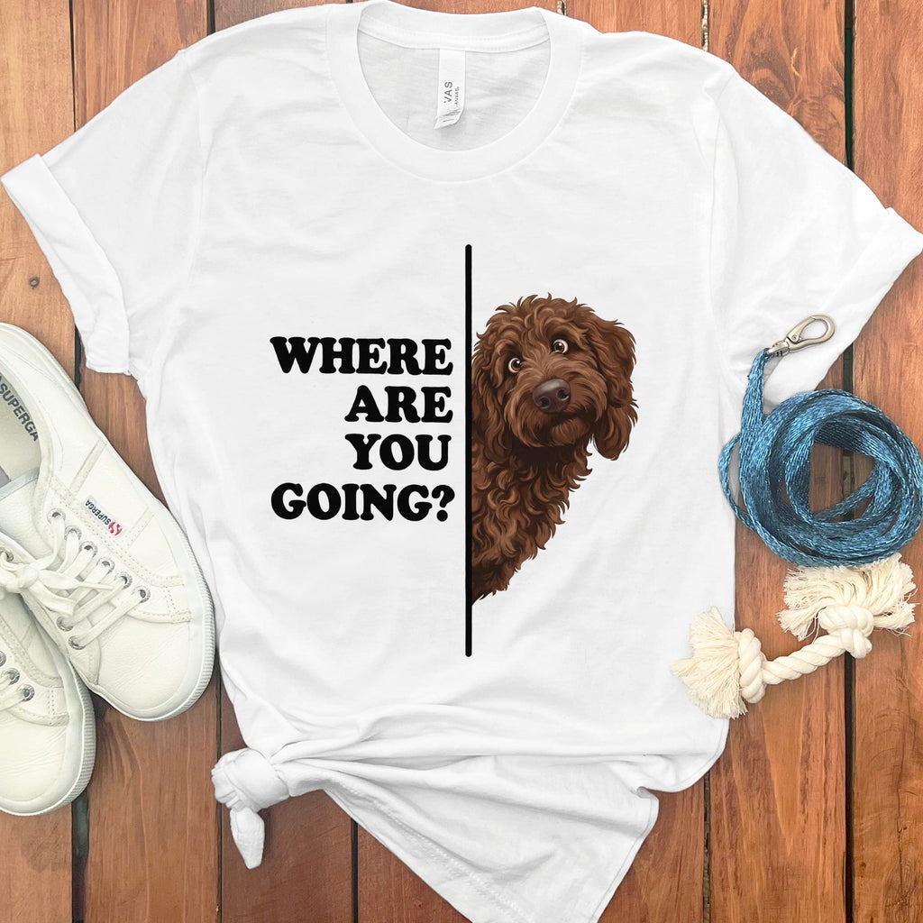 Where Going Chocolate Goldendoodle T-Shirt in White / M by Puppy Jo