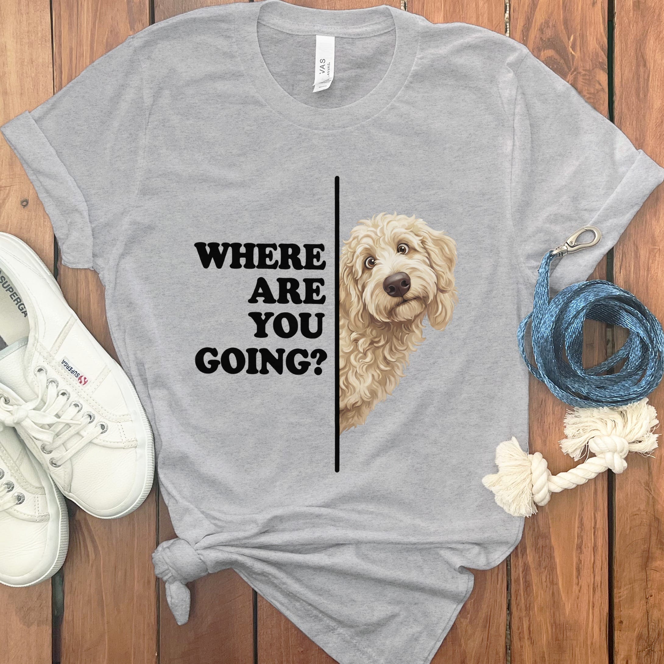 Where Going Cream Goldendoodle T-Shirt in Athletic Heather / M by Puppy Jo