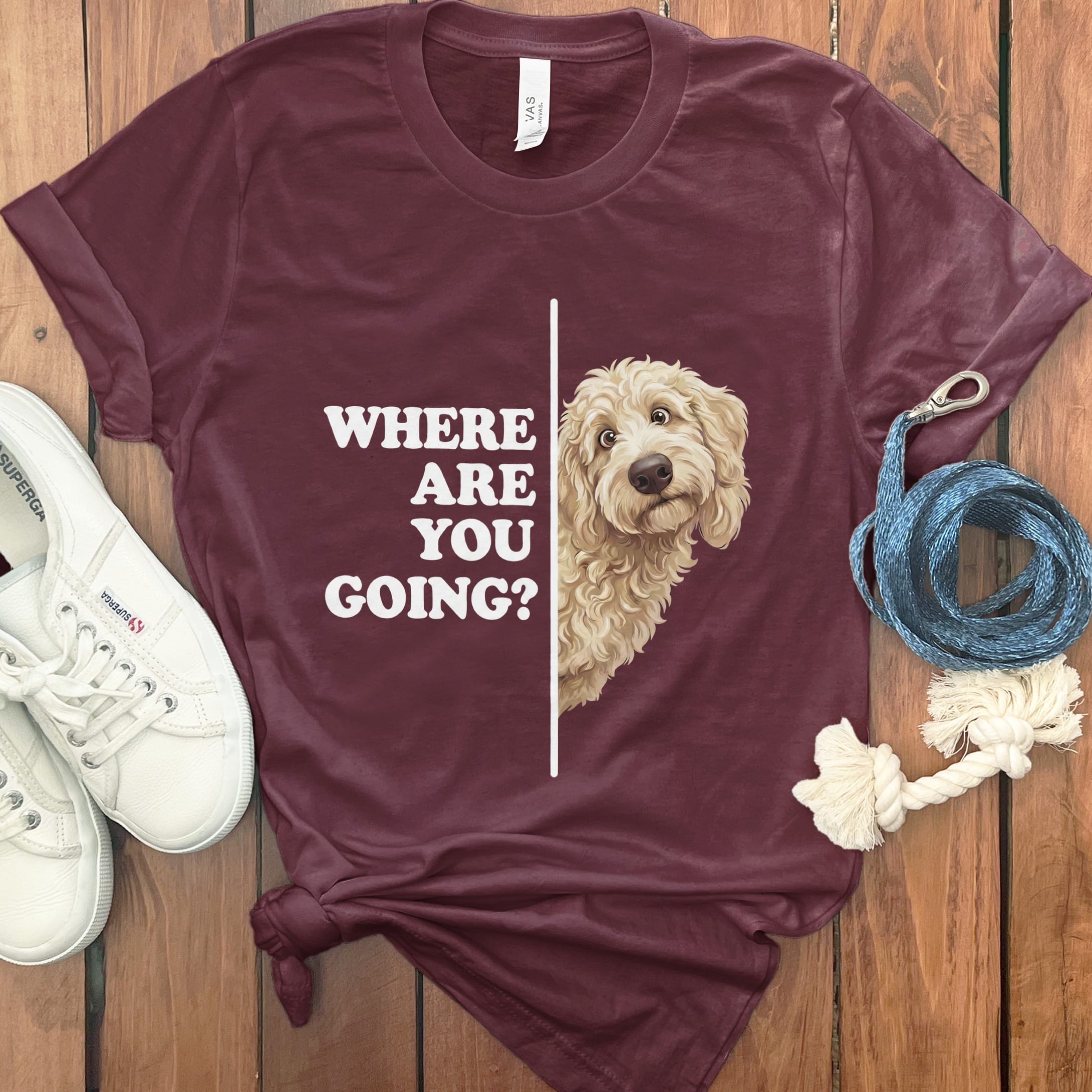 Where Going Cream Goldendoodle T-Shirt in Maroon / M by Puppy Jo