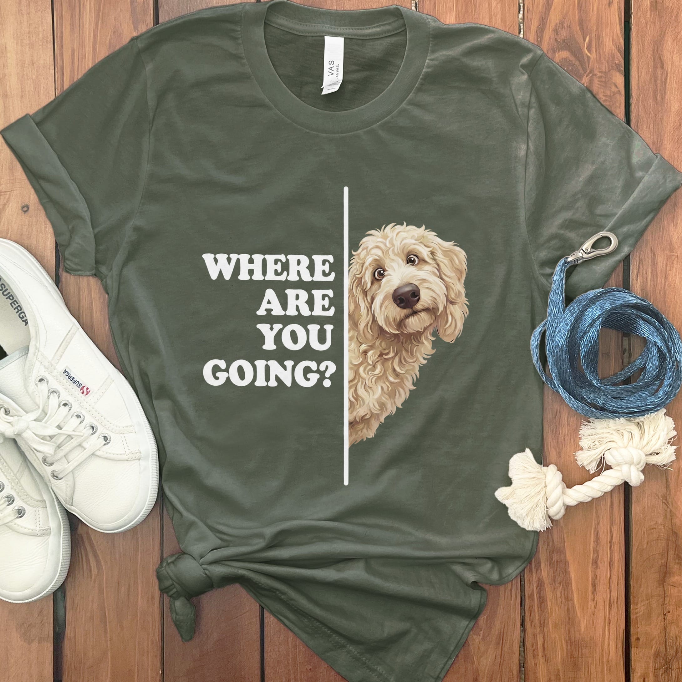 Where Going Cream Goldendoodle T-Shirt in Military Green / M by Puppy Jo