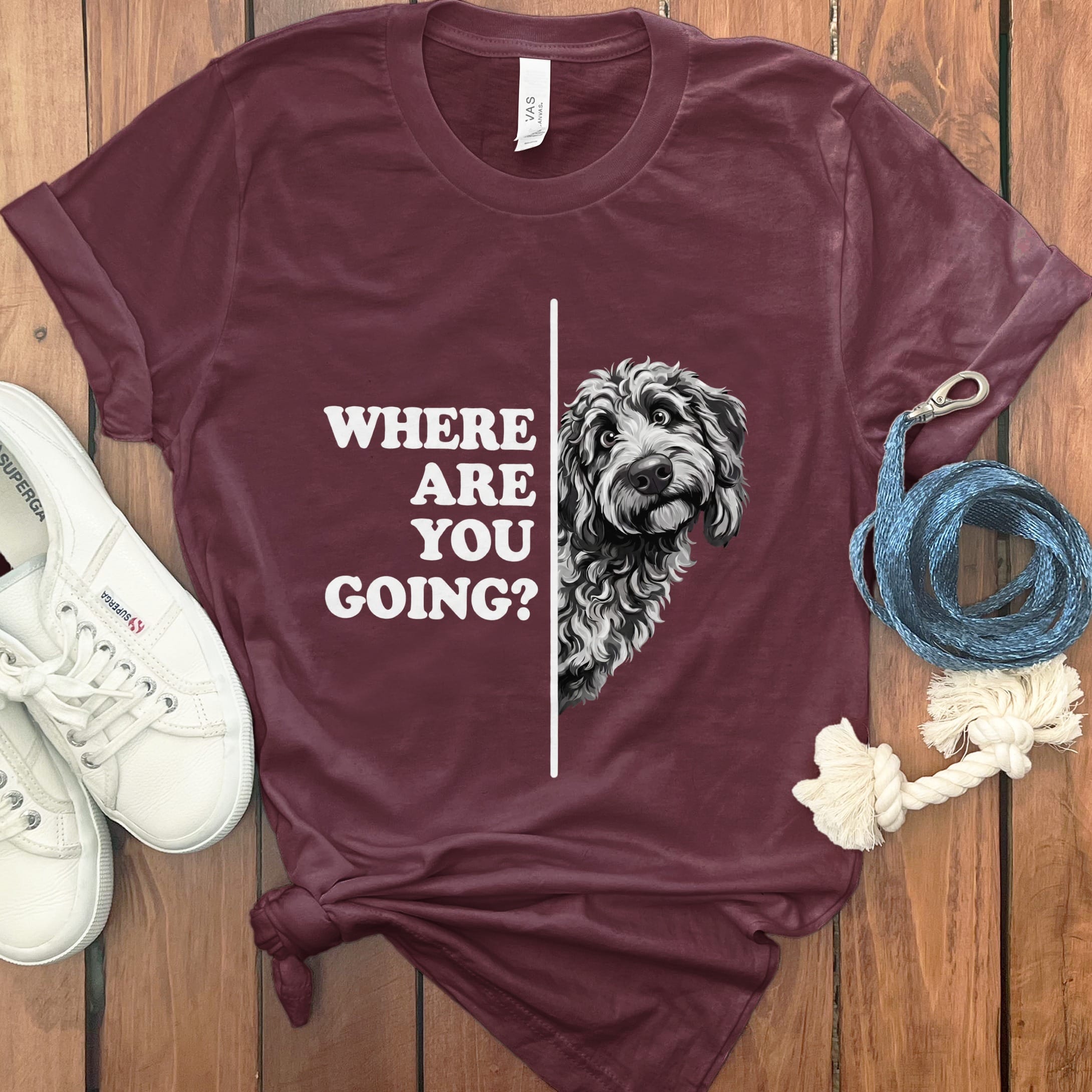 Where Going Merle Goldendoodle T-Shirt in Maroon / M by Puppy Jo