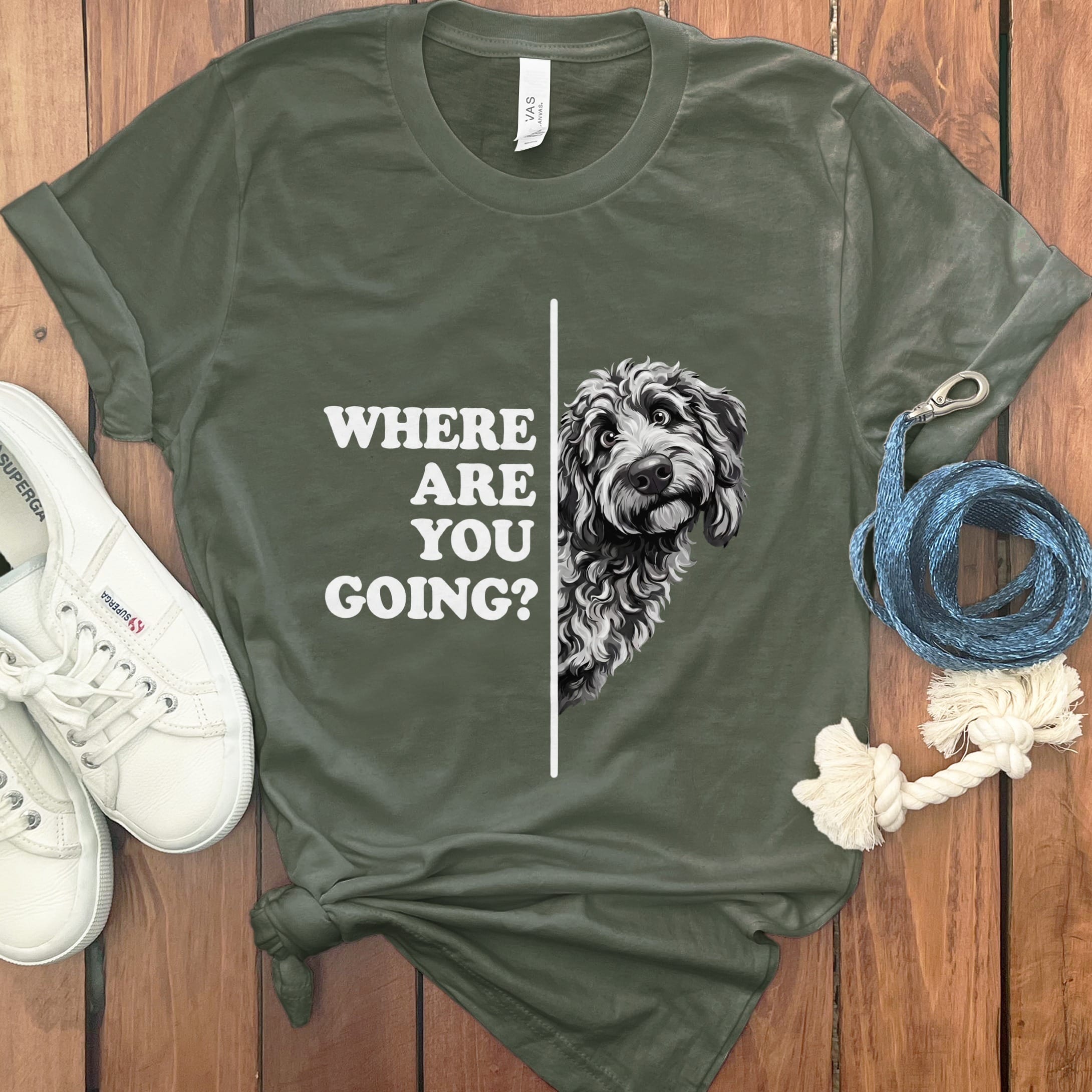 Where Going Merle Goldendoodle T-Shirt in Military Green / M by Puppy Jo