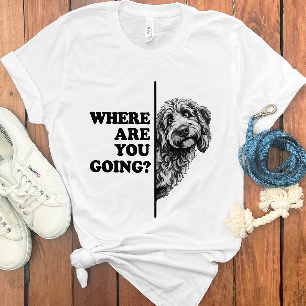 Where Going Merle Goldendoodle T-Shirt in White / M by Puppy Jo