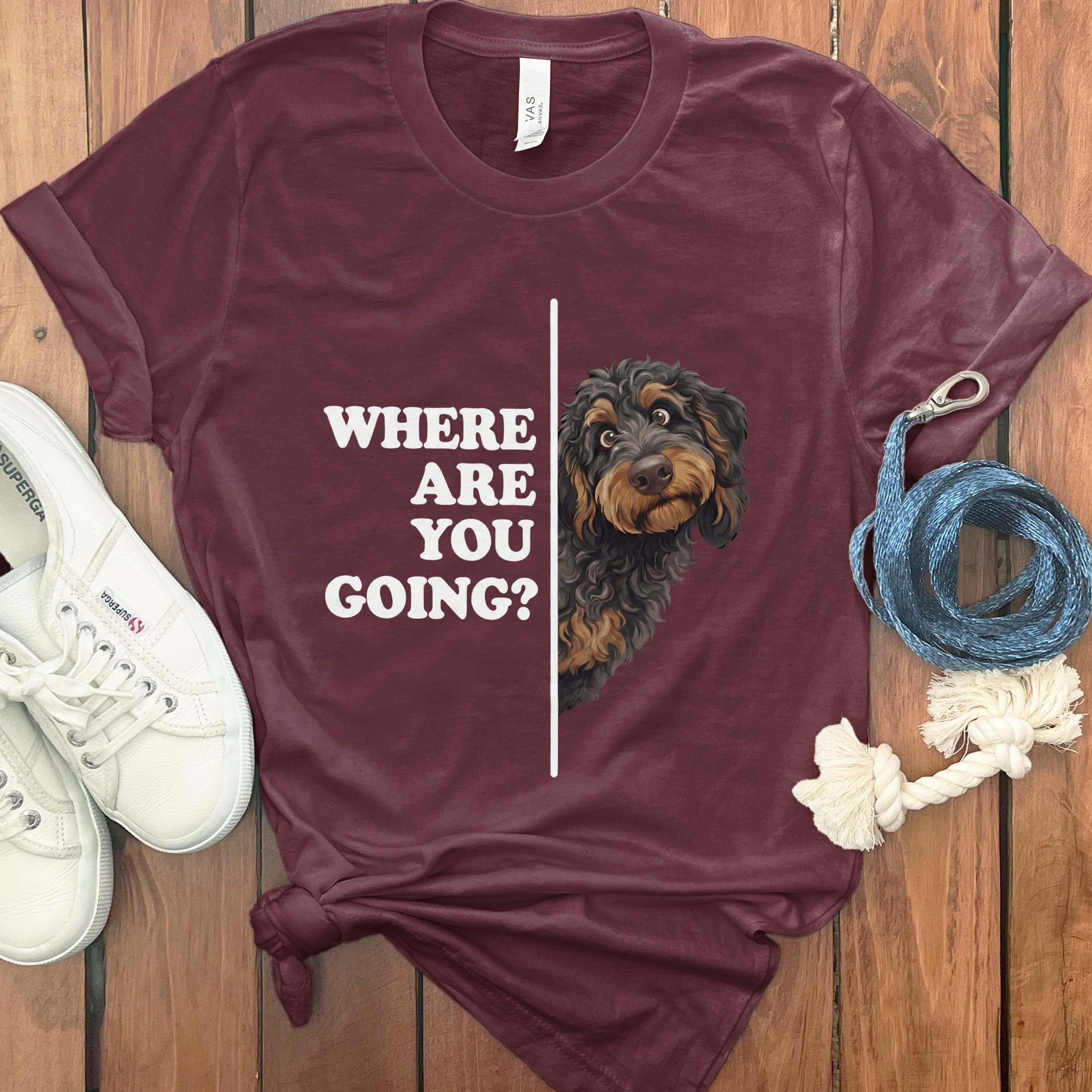 Where Going Phantom Goldendoodle T-Shirt in Maroon / M by Puppy Jo