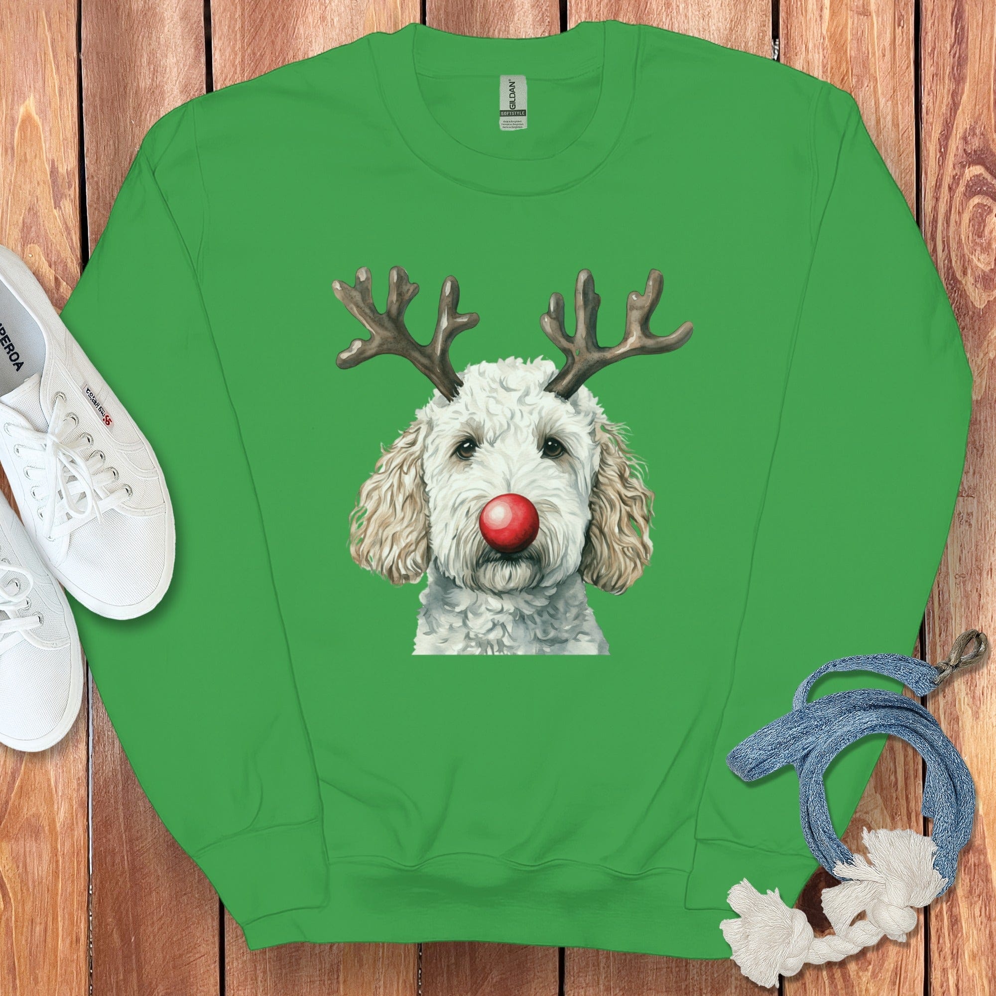 White Doodle Holiday Sweatshirt in Irish Green / S by Puppy Jo