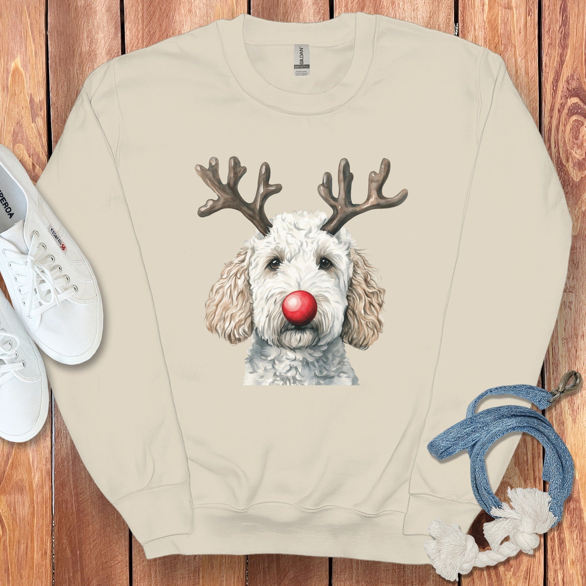 White Doodle Holiday Sweatshirt in Sand / S by Puppy Jo