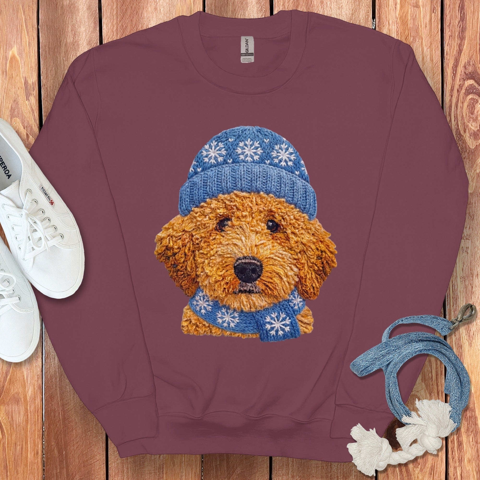 Winter Vibes Apricot Goldendoodle Sweatshirt in Maroon / S by Puppy Jo