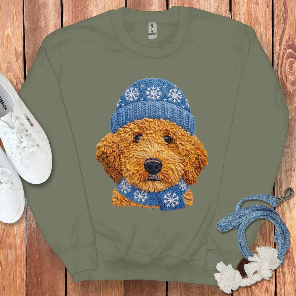 Winter Vibes Apricot Goldendoodle Sweatshirt in Military Green / S by Puppy Jo