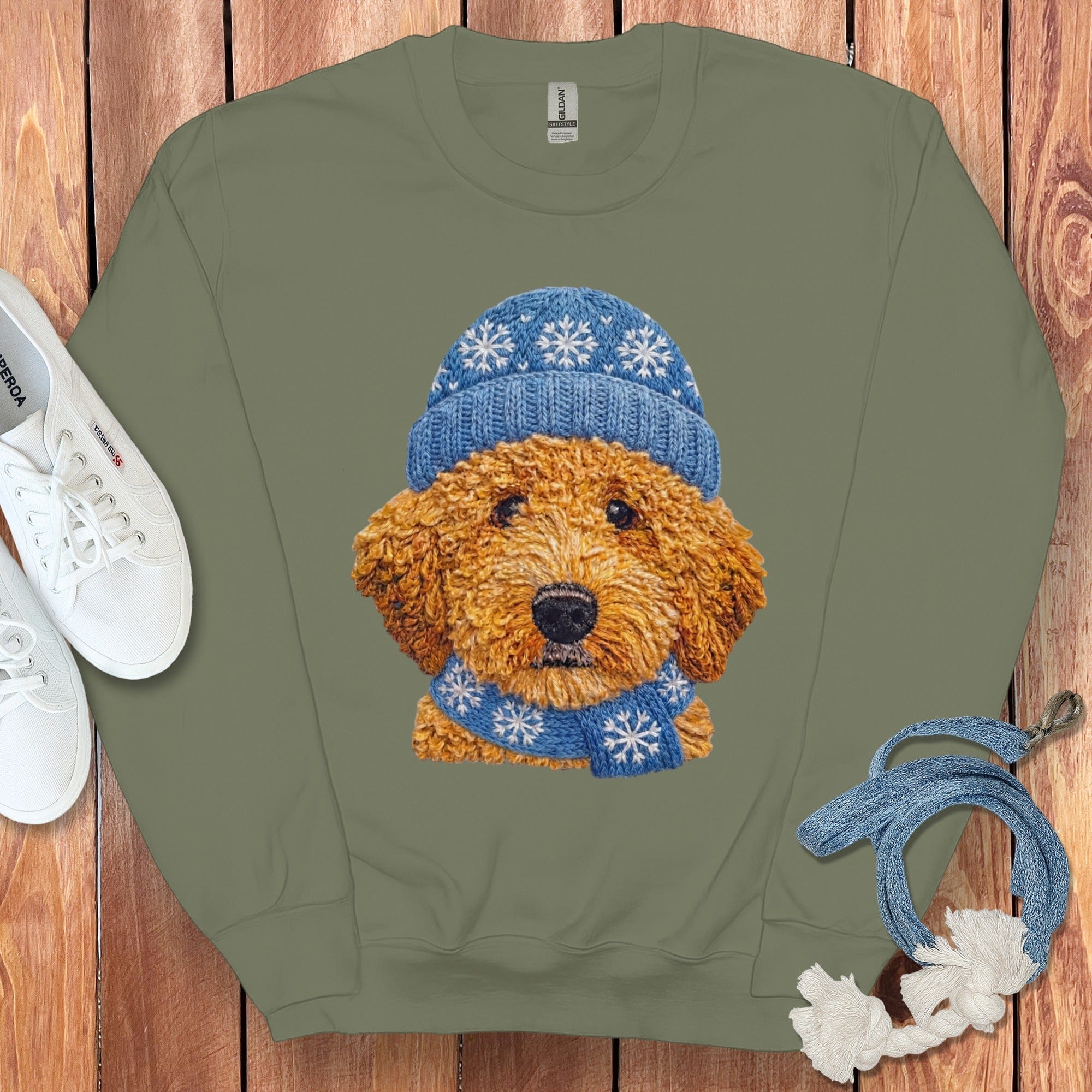 Winter Vibes Apricot Goldendoodle Sweatshirt in Military Green / S by Puppy Jo