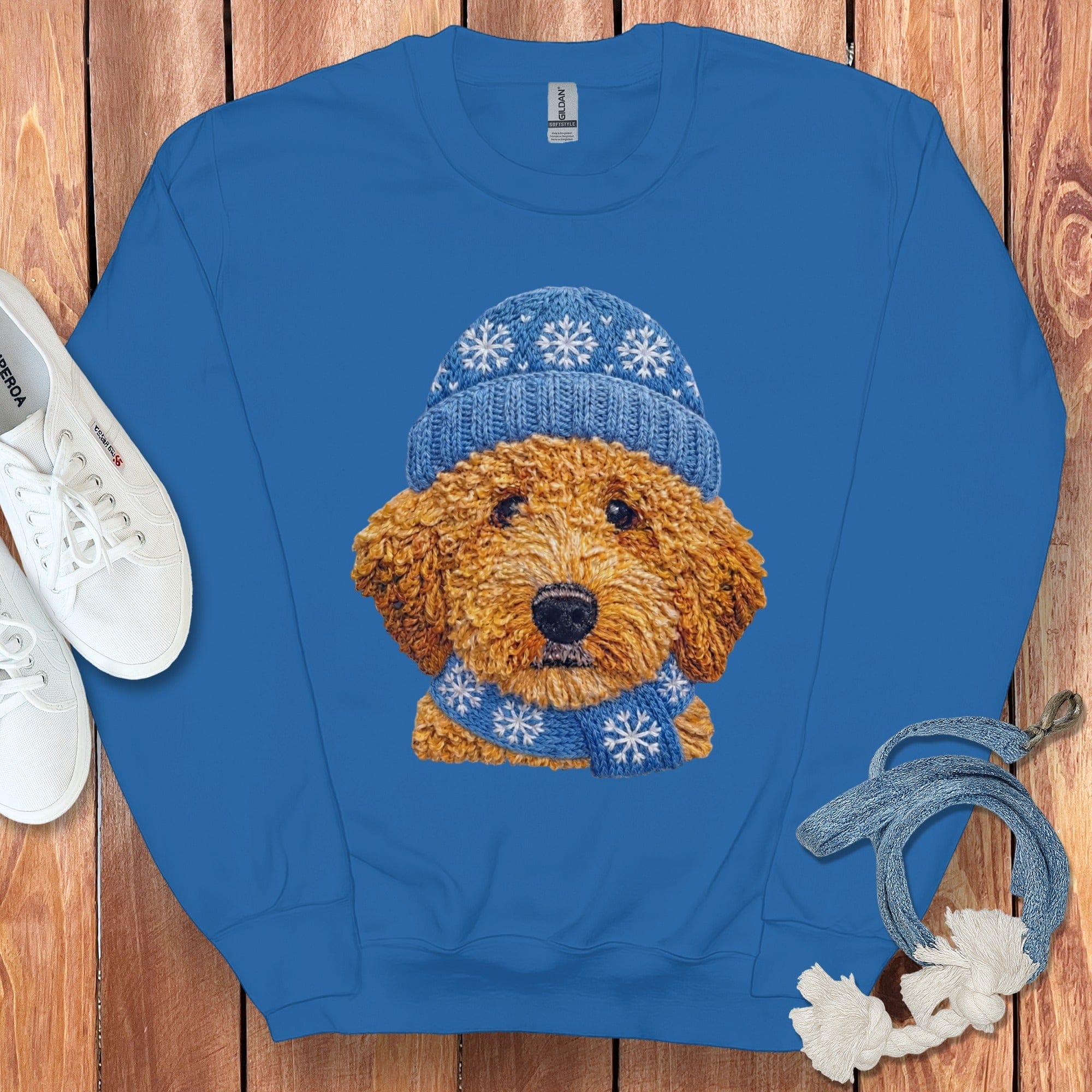 Winter Vibes Apricot Goldendoodle Sweatshirt in Royal / S by Puppy Jo