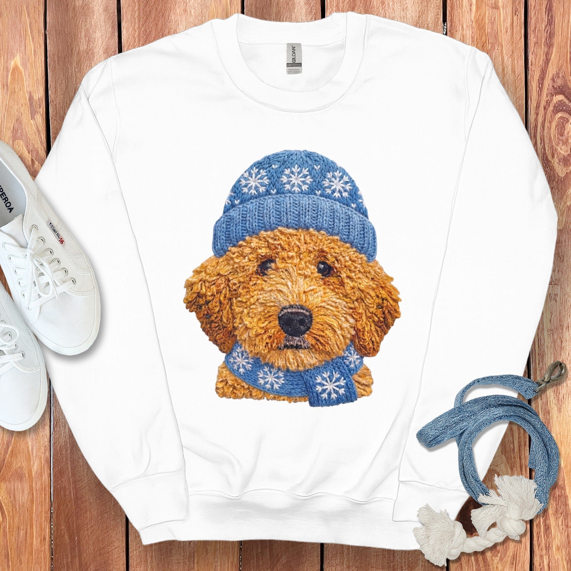 Winter Vibes Apricot Goldendoodle Sweatshirt in White / S by Puppy Jo