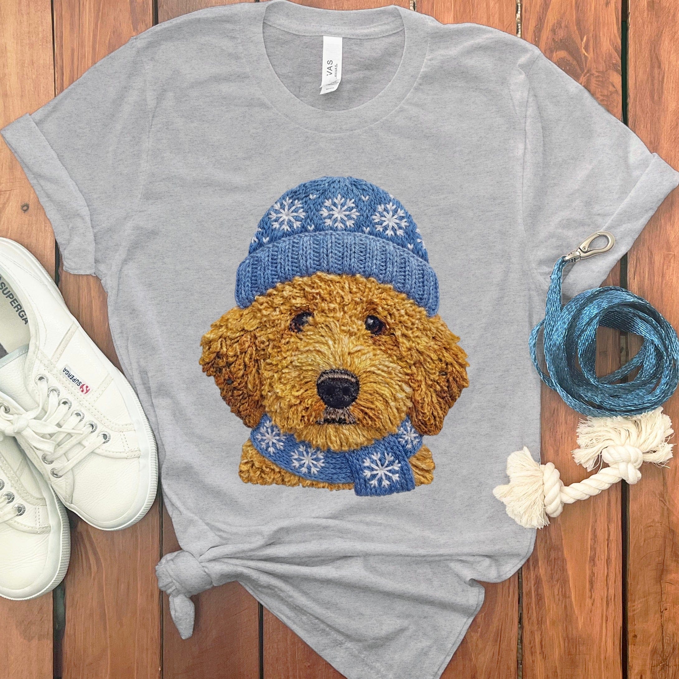 Winter Vibes Apricot Goldendoodle T-Shirt in Athletic Heather / S by Puppy Jo