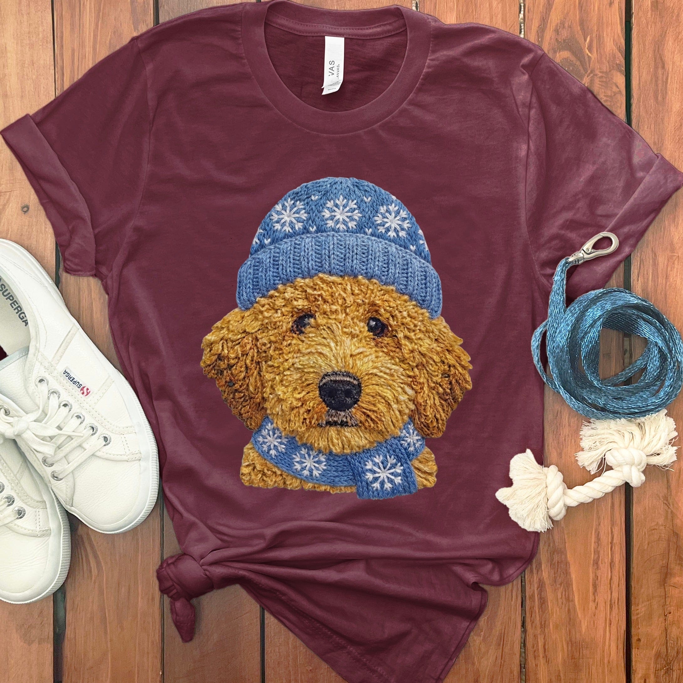 Winter Vibes Apricot Goldendoodle T-Shirt in Maroon / S by Puppy Jo