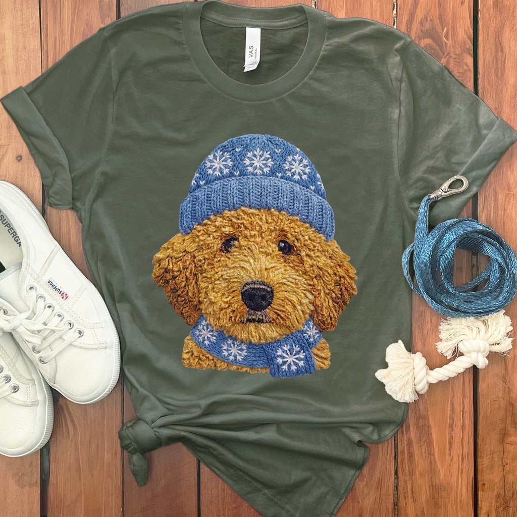 Winter Vibes Apricot Goldendoodle T-Shirt in Military Green / S by Puppy Jo