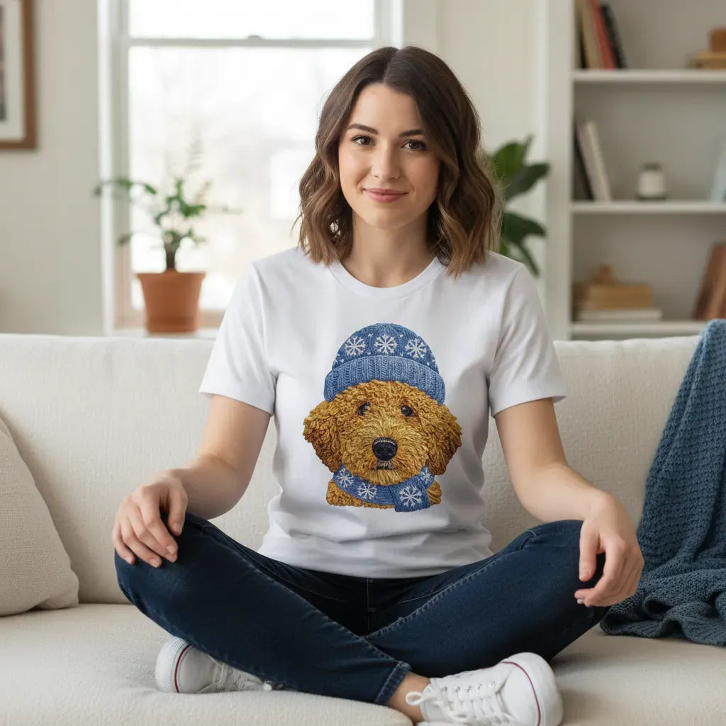 Winter Vibes Apricot Goldendoodle T-Shirt in by Puppy Jo