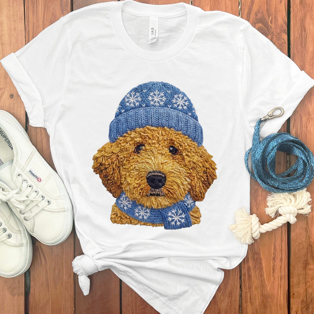 Winter Vibes Apricot Goldendoodle T-Shirt in White / S by Puppy Jo