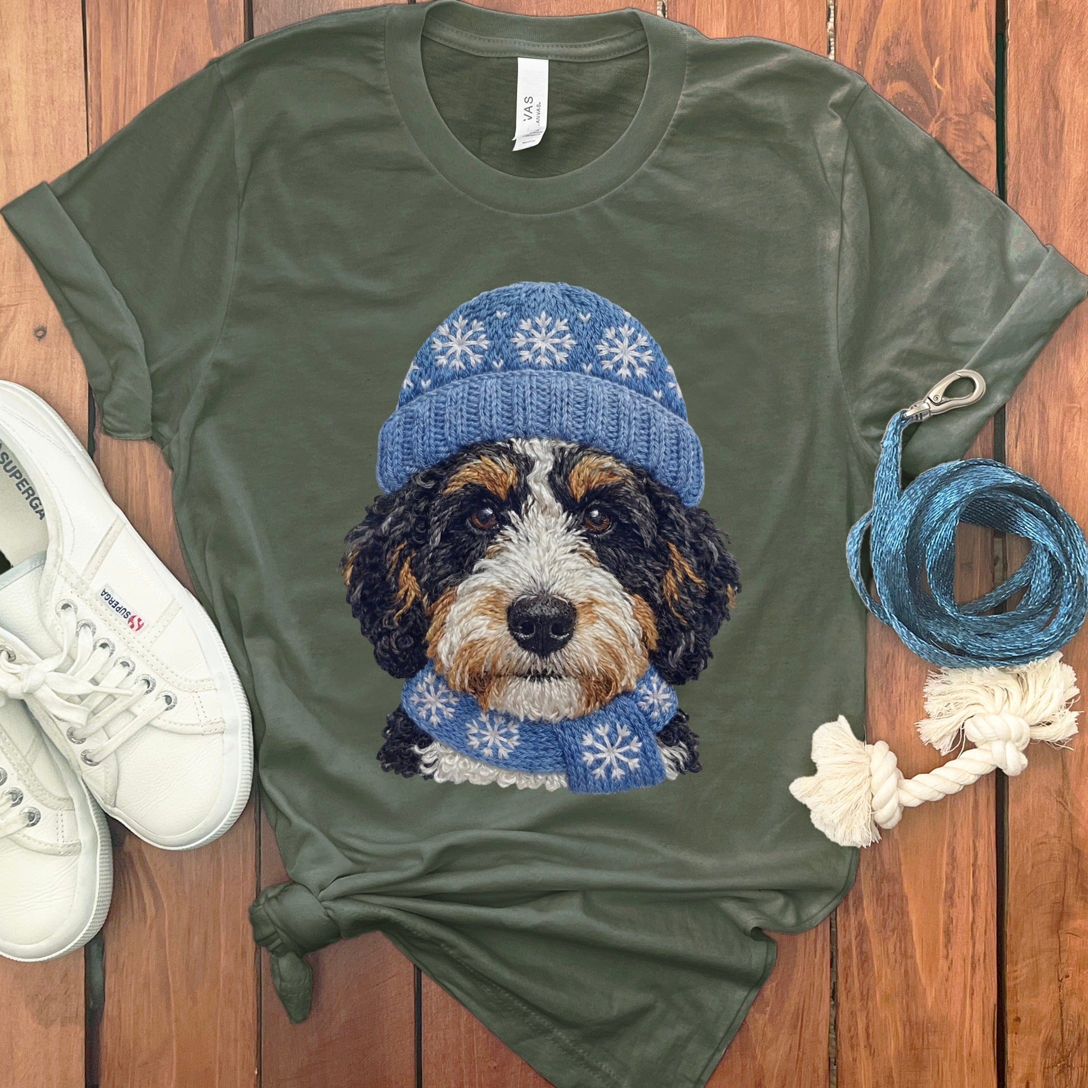 Winter Vibes Ausisiedoodle T-Shirt in Military Green / S by Puppy Jo