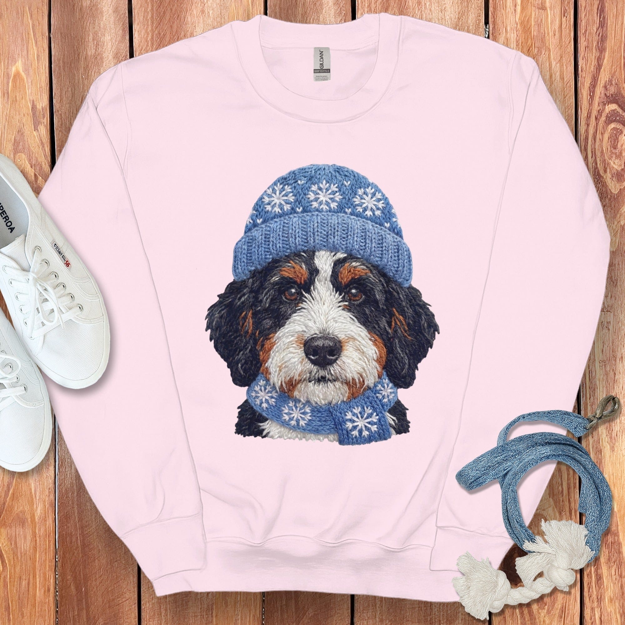 Winter Vibes Bernedoodle Sweatshirt in Light Pink / S by Puppy Jo