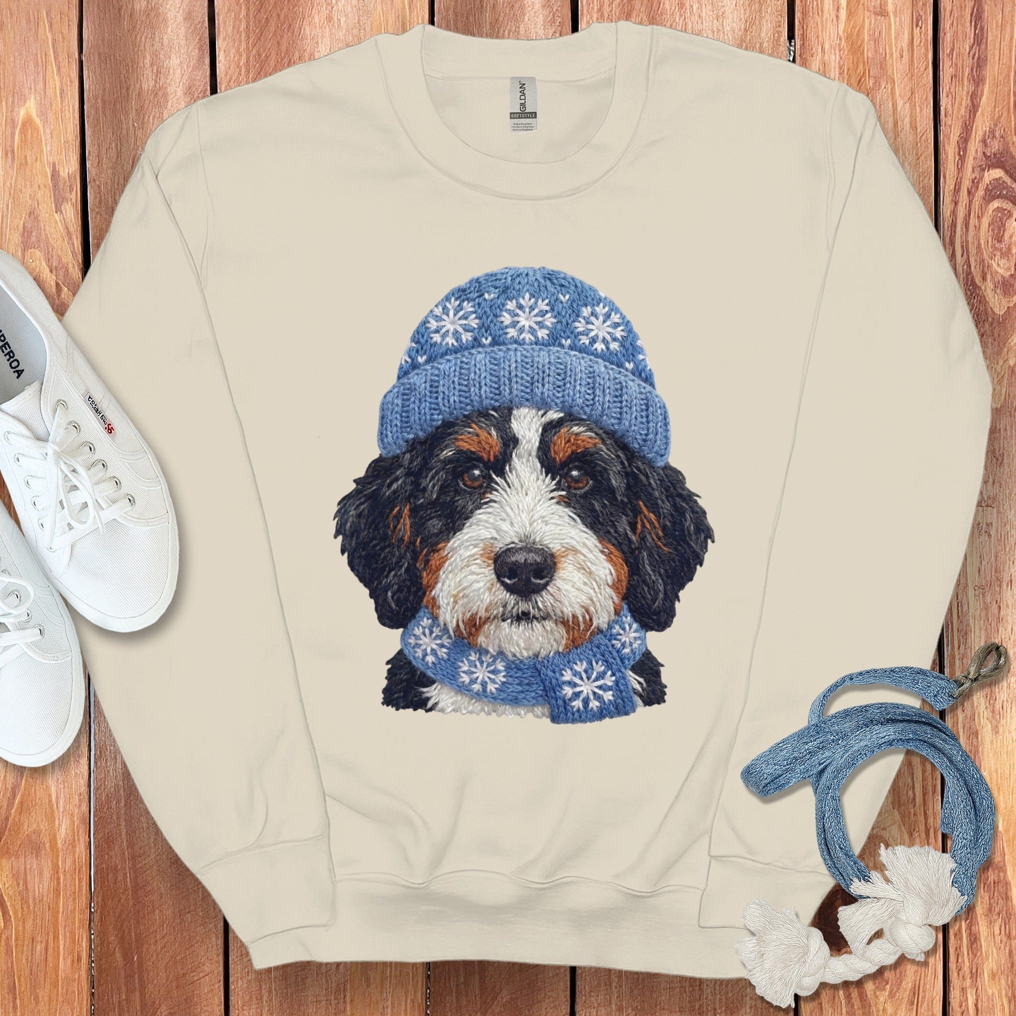 Winter Vibes Bernedoodle Sweatshirt in Sand / S by Puppy Jo
