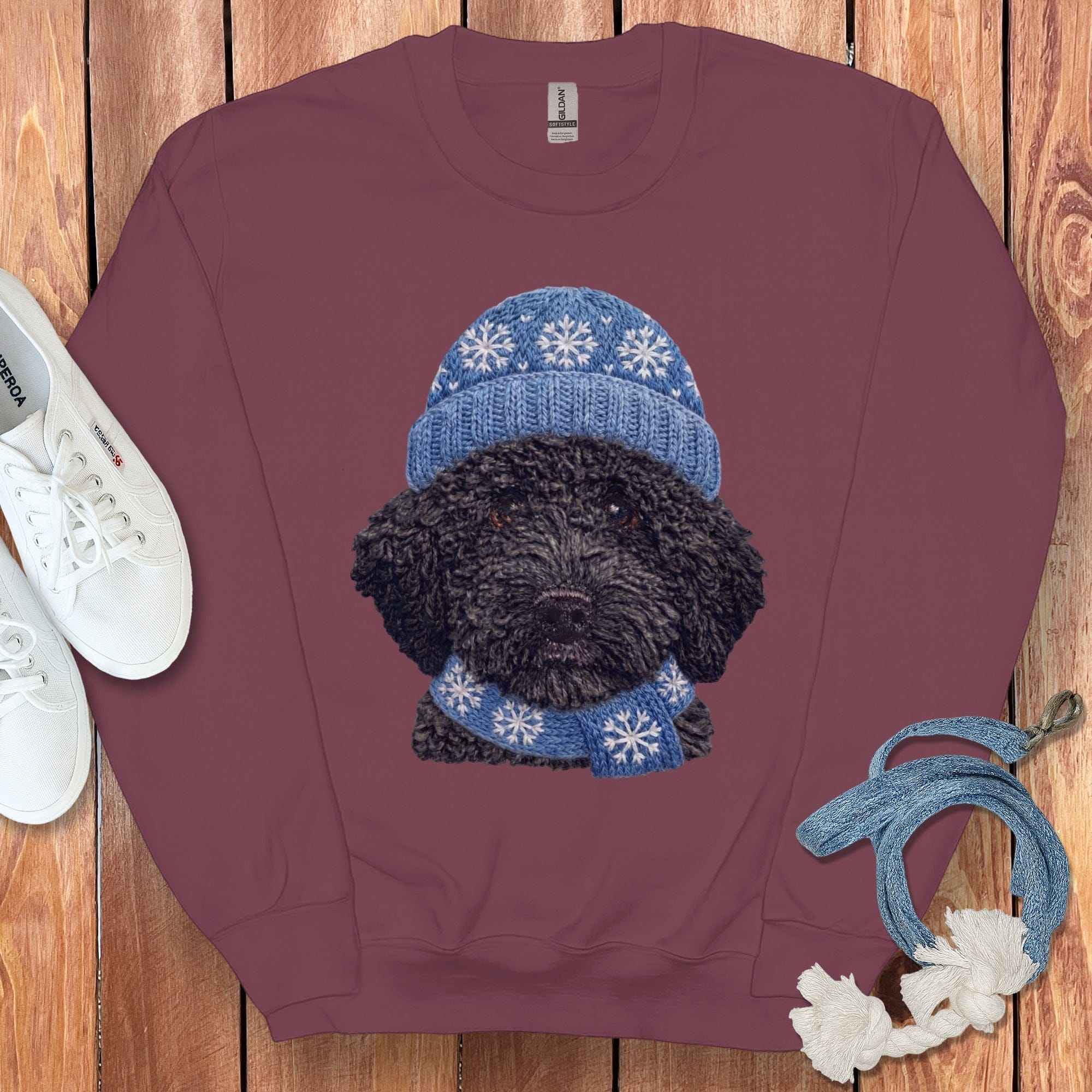 Winter Vibes Black Goldendoodle Sweatshirt in Maroon / S by Puppy Jo