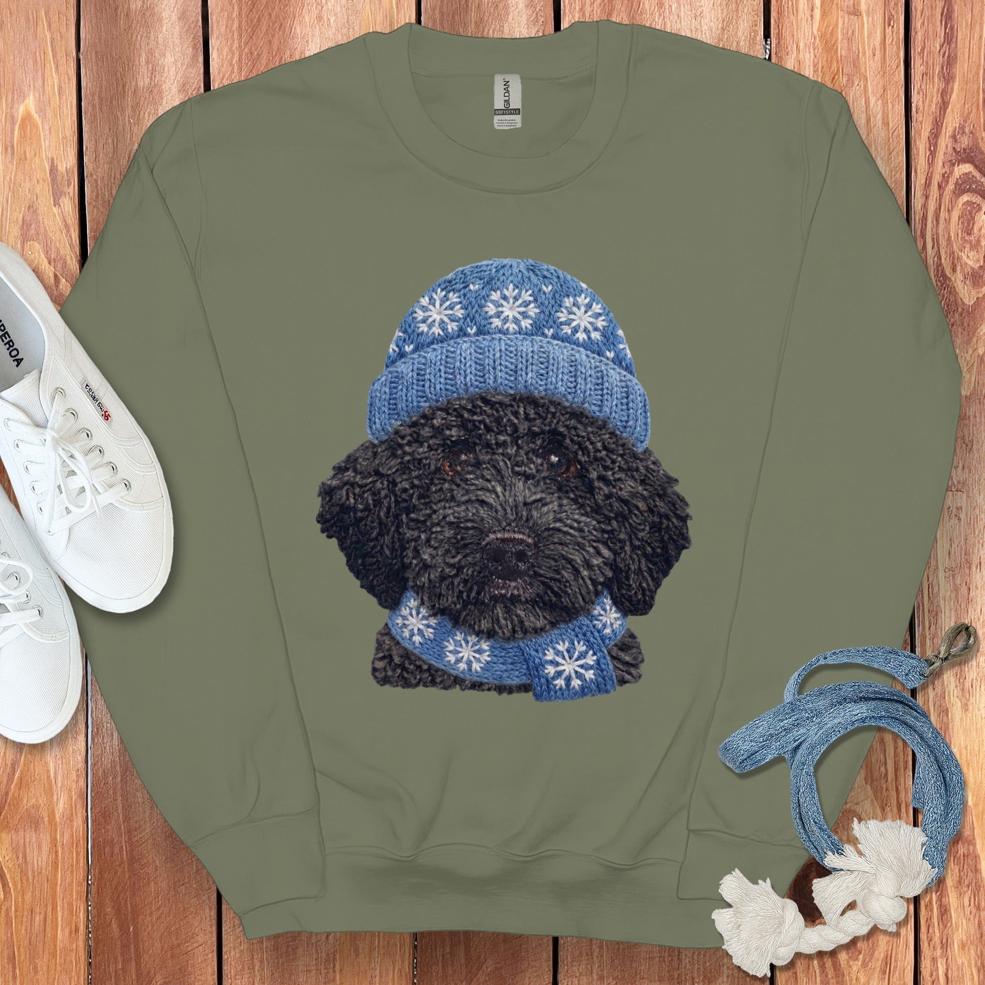 Winter Vibes Black Goldendoodle Sweatshirt in Military Green / S by Puppy Jo