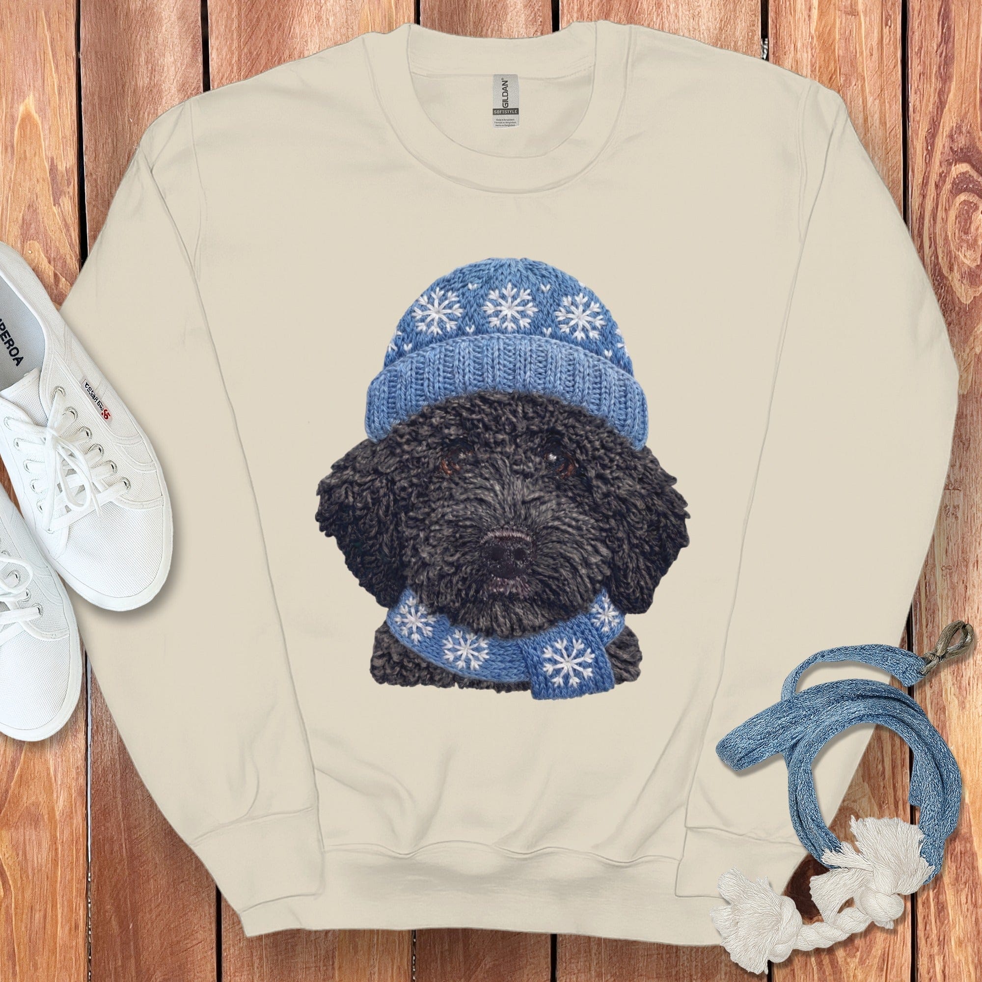 Winter Vibes Black Goldendoodle Sweatshirt in Sand / S by Puppy Jo