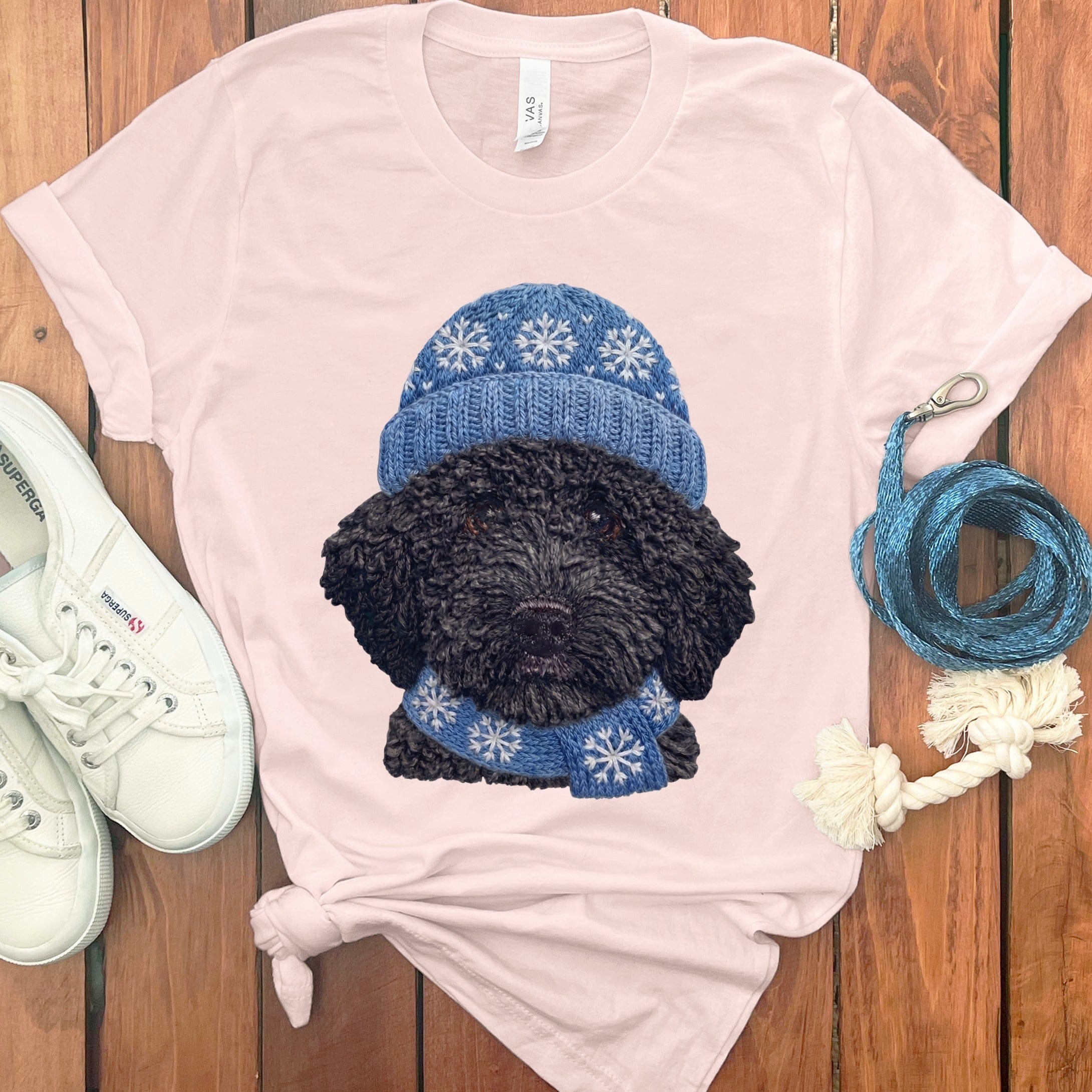 Winter Vibes Black Goldendoodle T-Shirt in Soft Pink / S by Puppy Jo