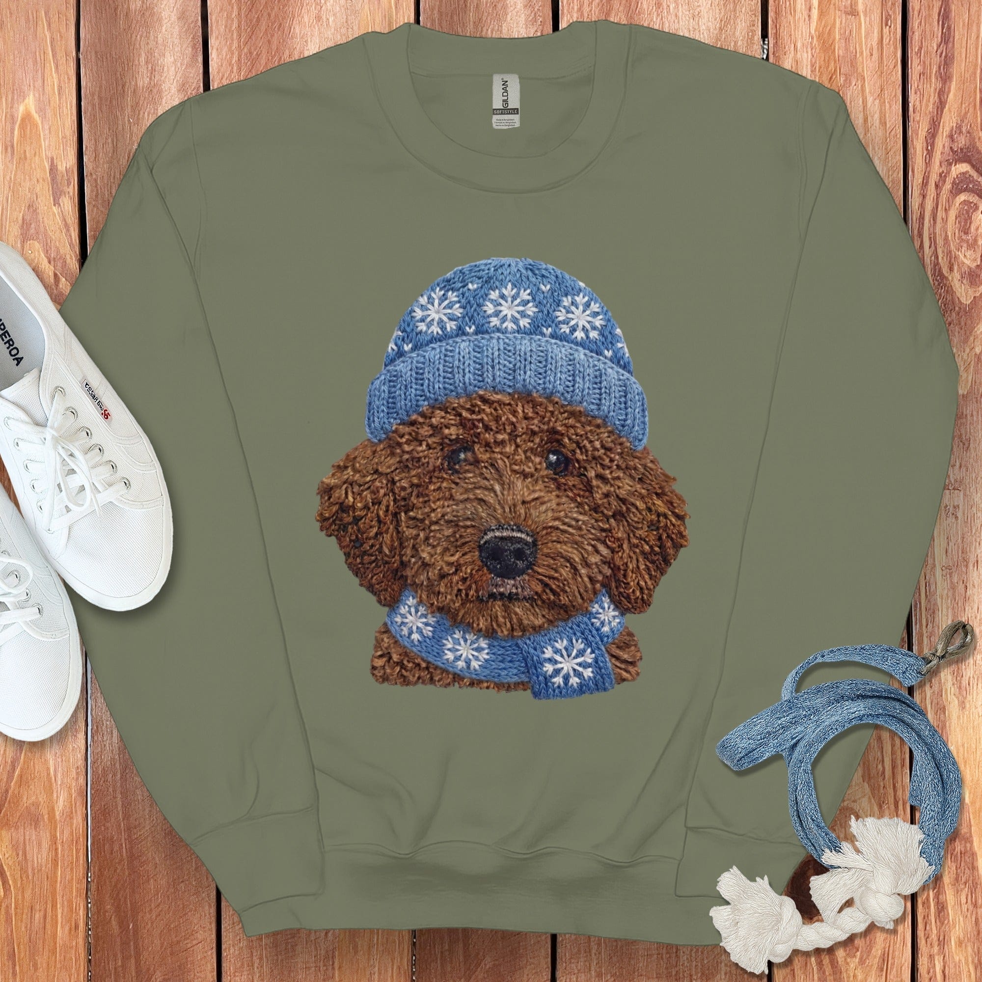 Winter Vibes Chocolate Goldendoodle Sweatshirt in Military Green / S by Puppy Jo