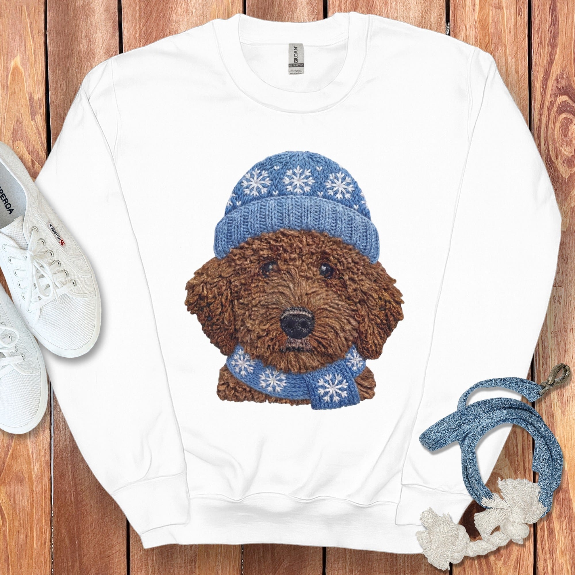 Winter Vibes Chocolate Goldendoodle Sweatshirt in White / S by Puppy Jo