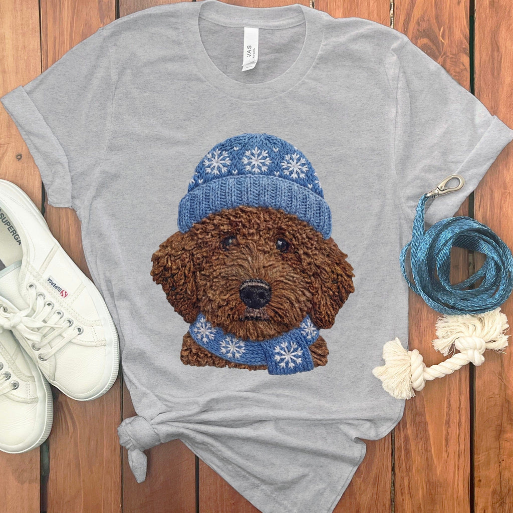 Winter Vibes Chocolate Goldendoodle T-Shirt in Athletic Heather / S by Puppy Jo