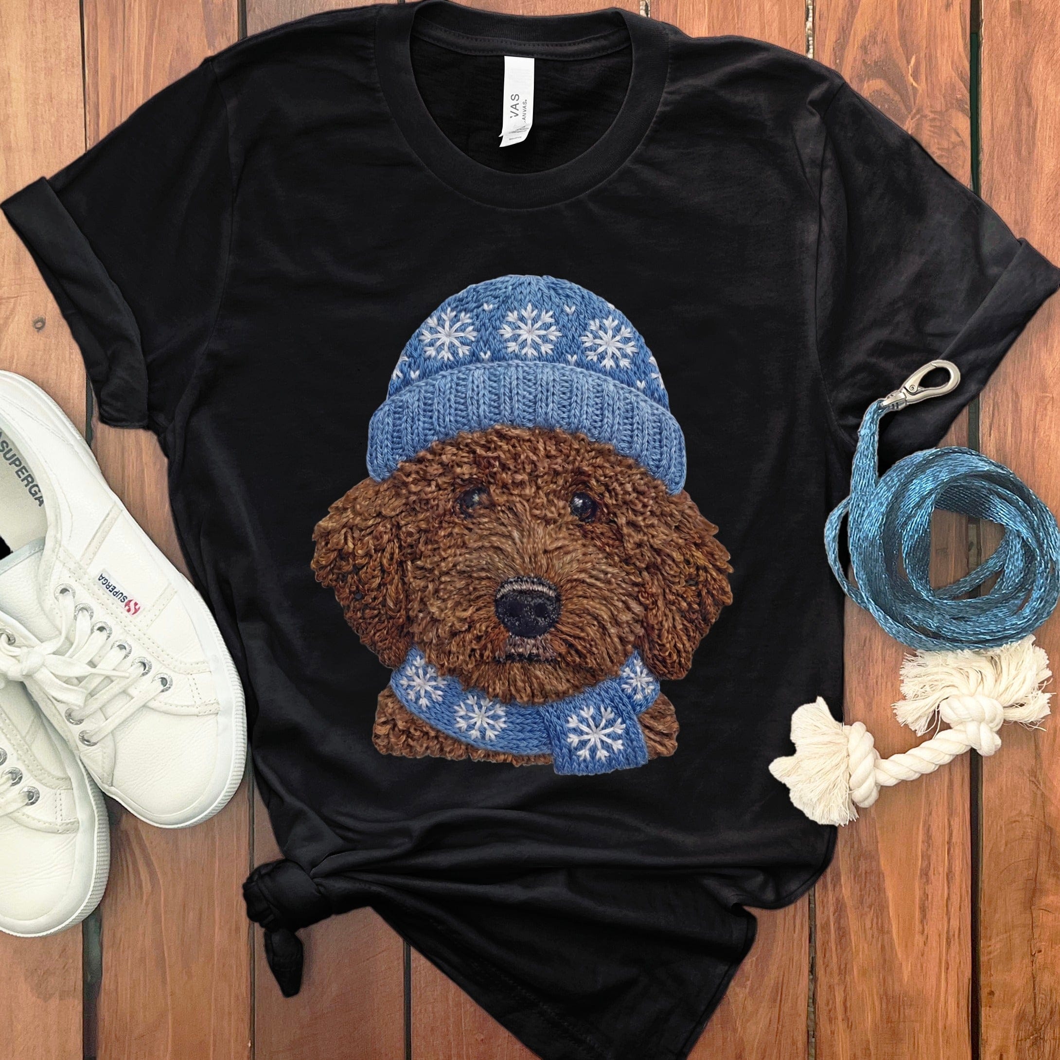 Winter Vibes Chocolate Goldendoodle T-Shirt in Black / S by Puppy Jo