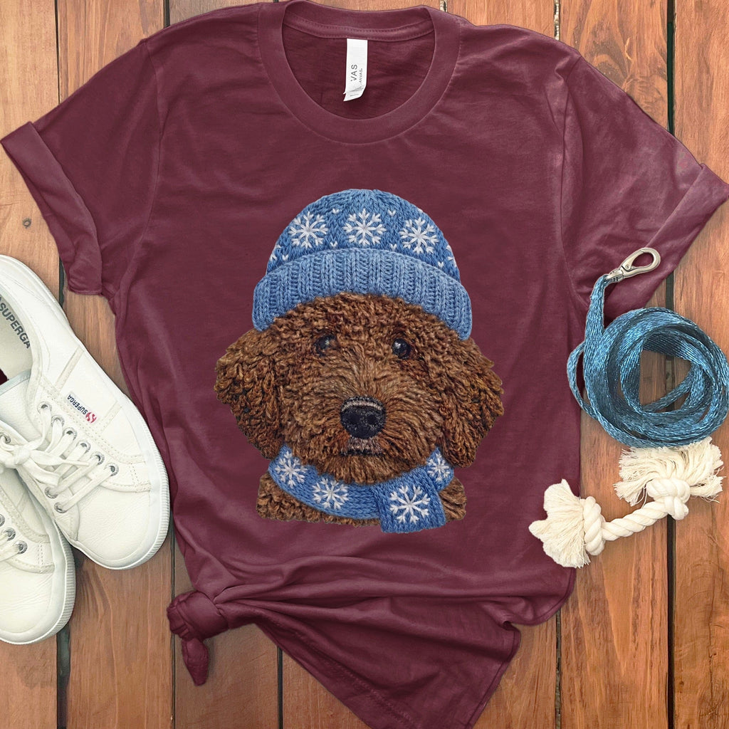 Winter Vibes Chocolate Goldendoodle T-Shirt in Maroon / S by Puppy Jo