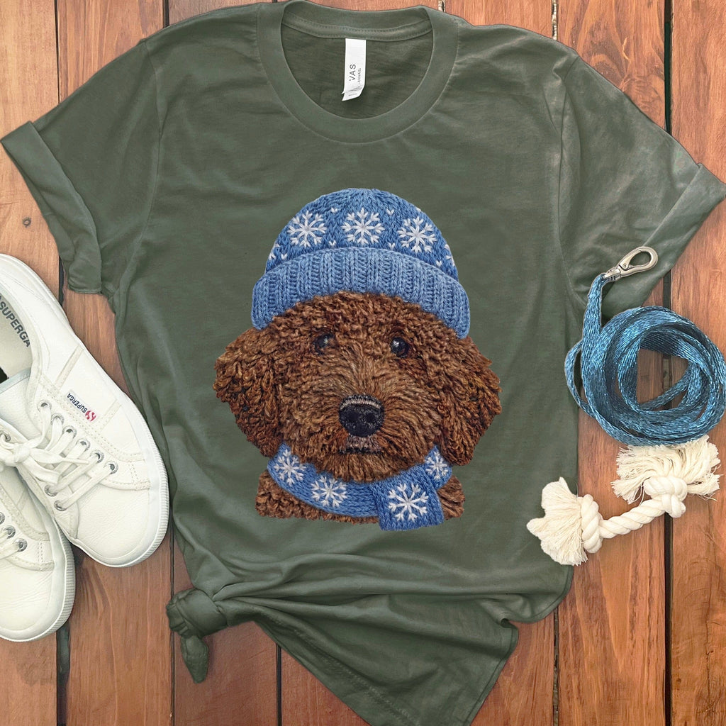 Winter Vibes Chocolate Goldendoodle T-Shirt in Military Green / S by Puppy Jo
