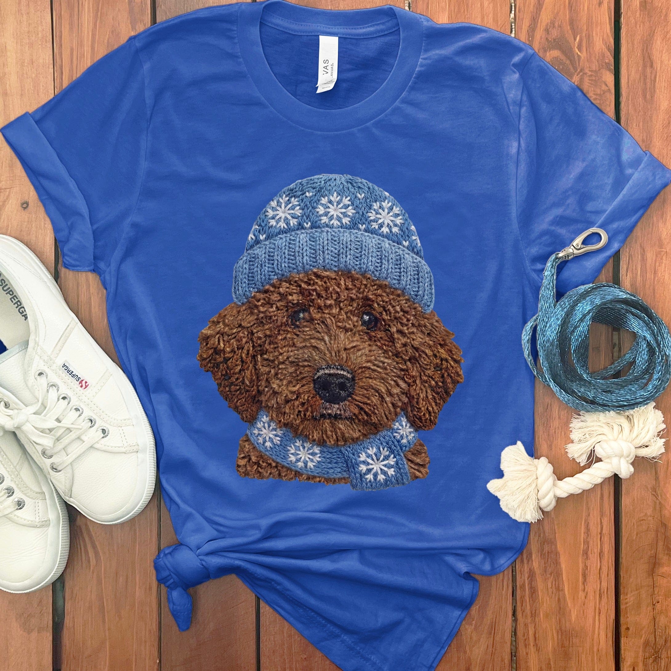 Winter Vibes Chocolate Goldendoodle T-Shirt in True Royal / S by Puppy Jo