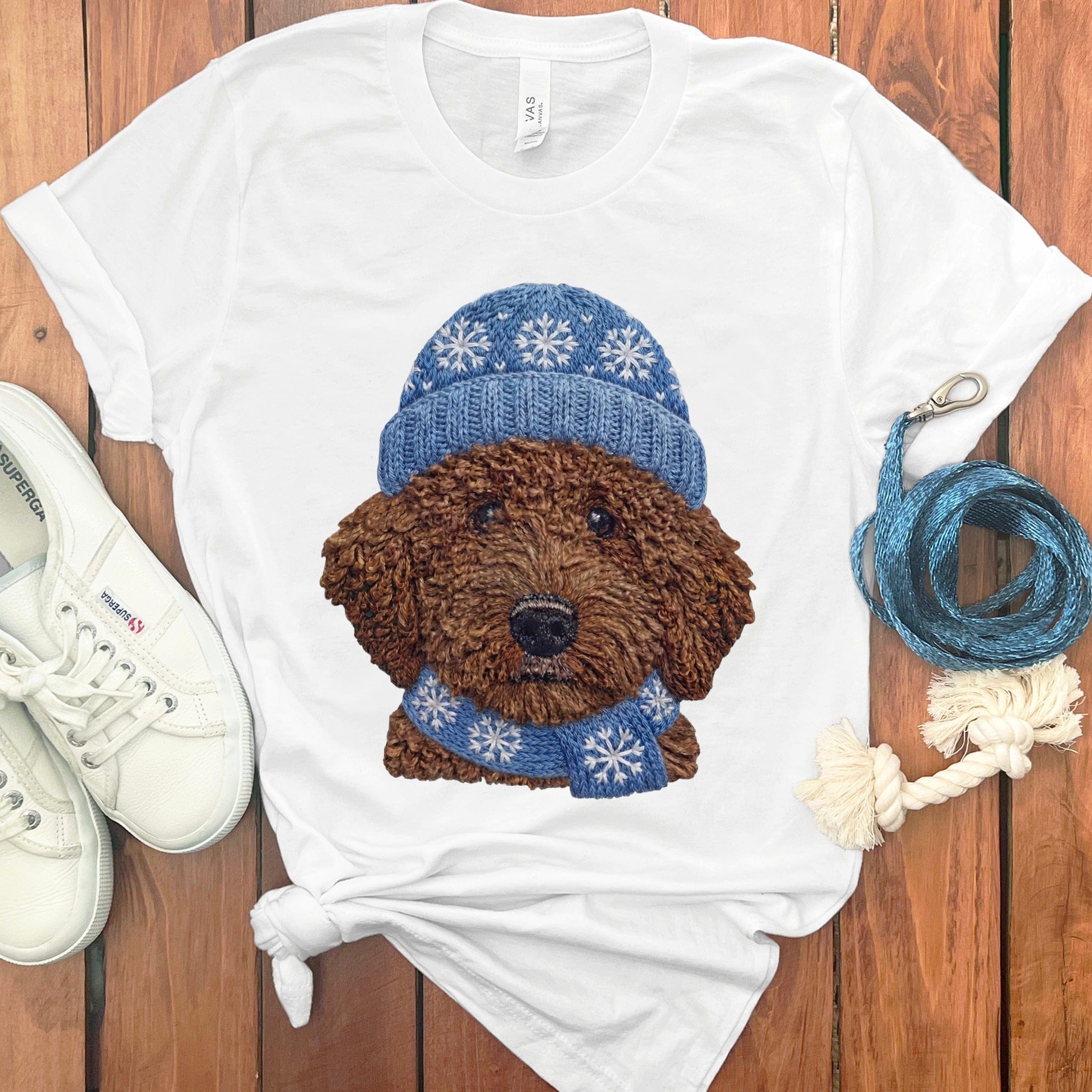 Winter Vibes Chocolate Goldendoodle T-Shirt in White / S by Puppy Jo