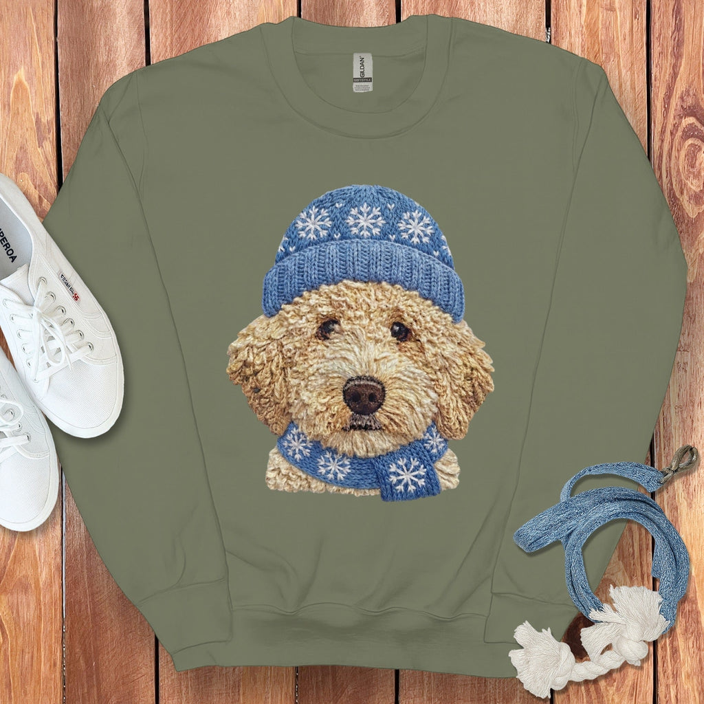 Winter Vibes Cream Goldendoodle Sweatshirt in Military Green / S by Puppy Jo