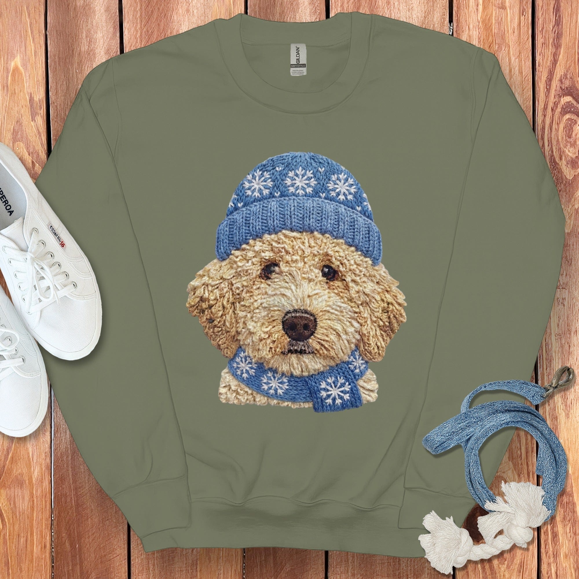 Winter Vibes Cream Goldendoodle Sweatshirt in Military Green / S by Puppy Jo