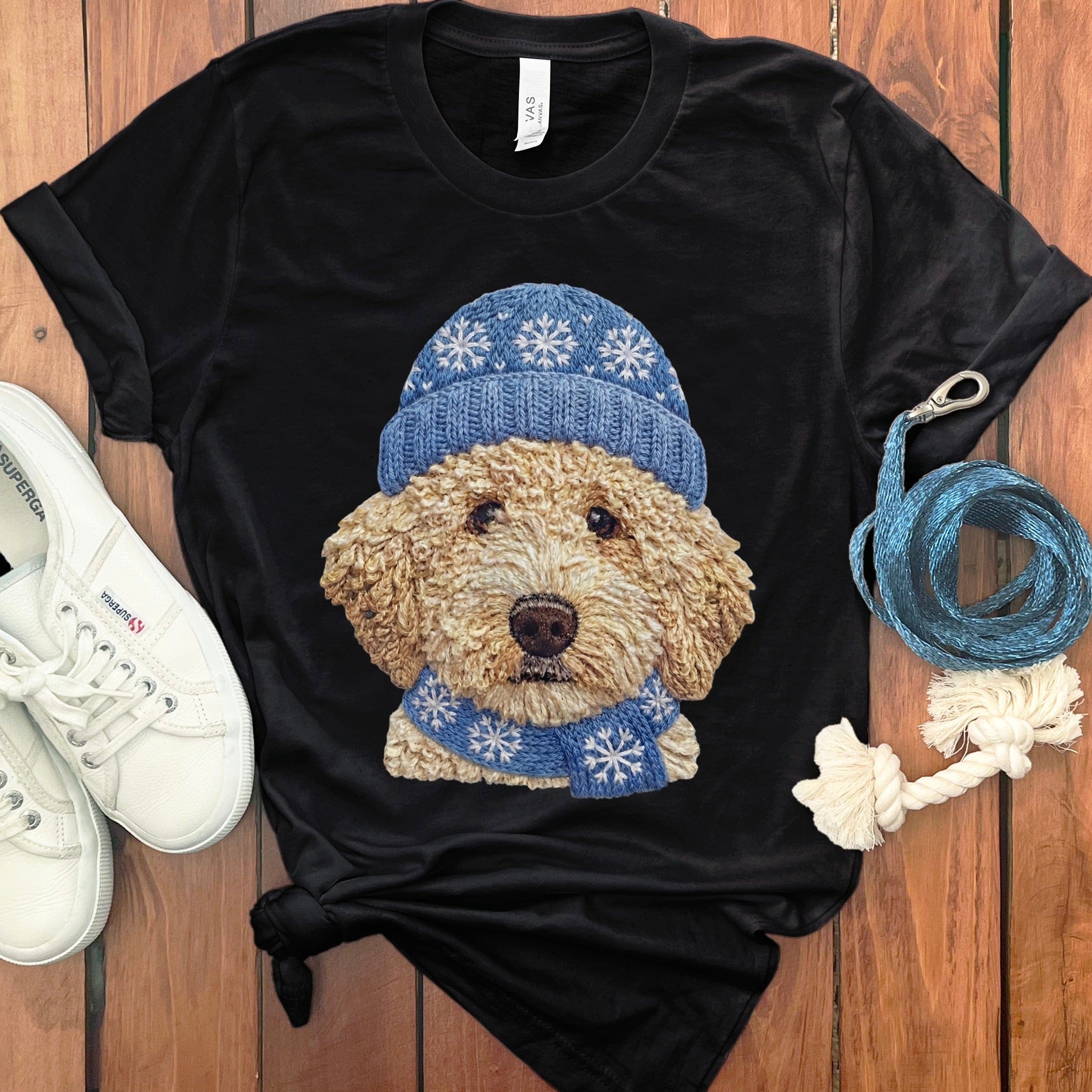 Winter Vibes Cream Goldendoodle T-Shirt in Black / S by Puppy Jo