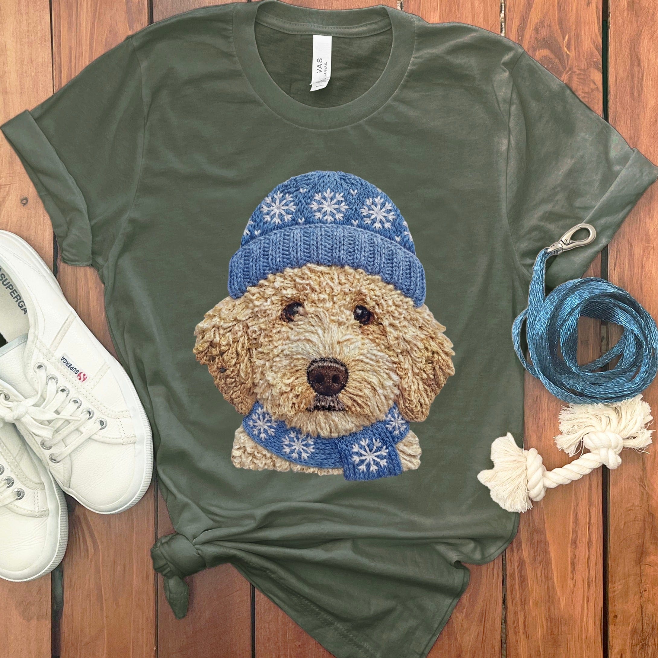 Winter Vibes Cream Goldendoodle T-Shirt in Military Green / S by Puppy Jo