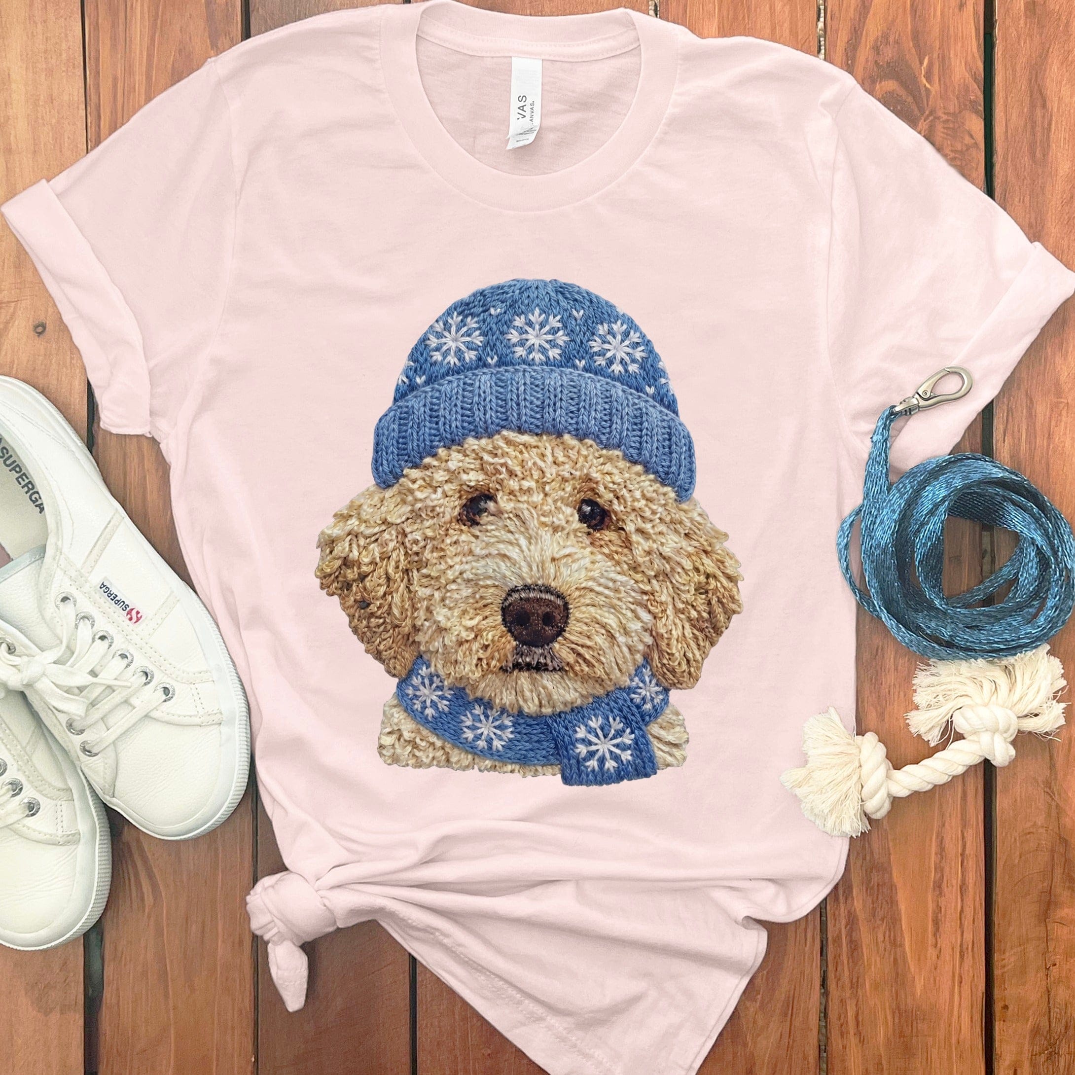 Winter Vibes Cream Goldendoodle T-Shirt in Soft Pink / S by Puppy Jo